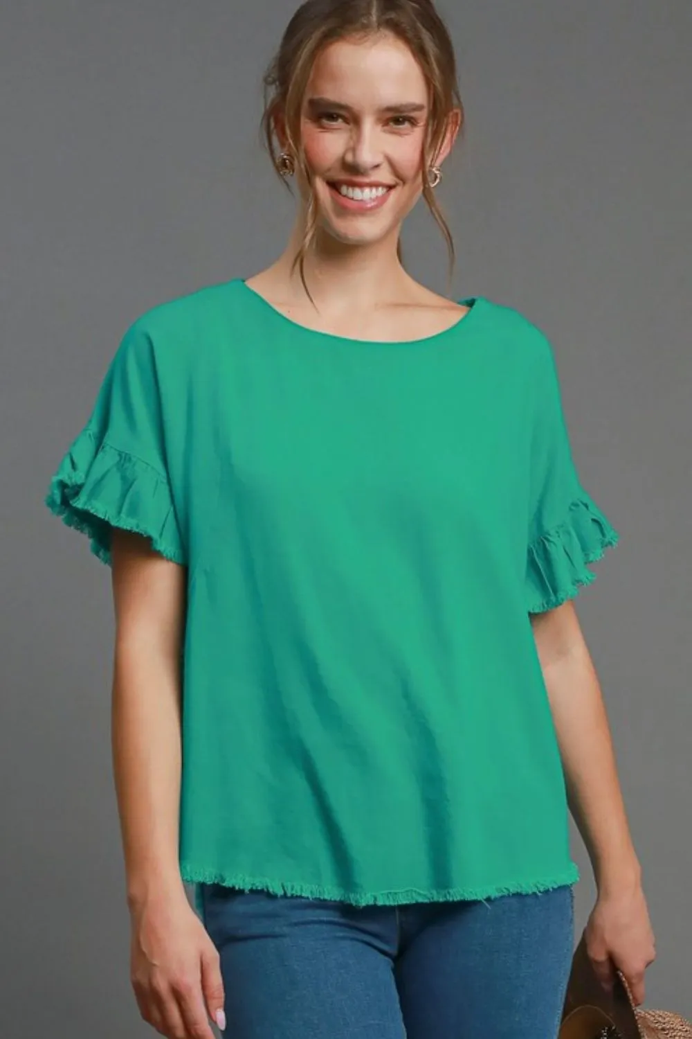 Umgee Full Size Raw Hem Ruffle Short Sleeve Blouse Plus Size