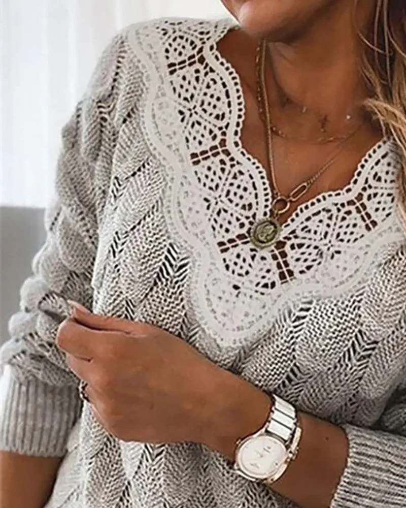 V Neck Lace Patch Swiss Dot Sweater