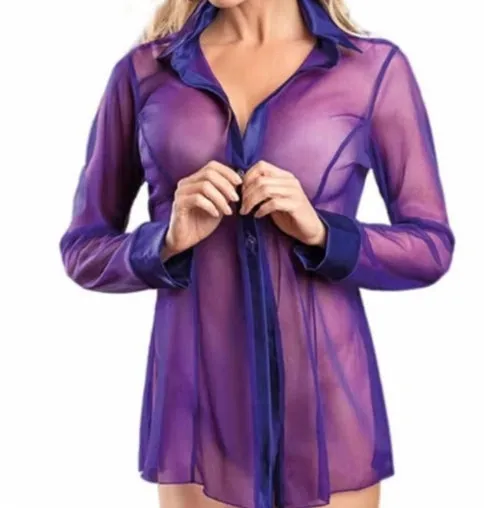 Women Lace Nightwear Transparent Mesh Cardigans Sheer Erotic Porn Nightdress Long Sleeve Lingerie Erotic Pajamas