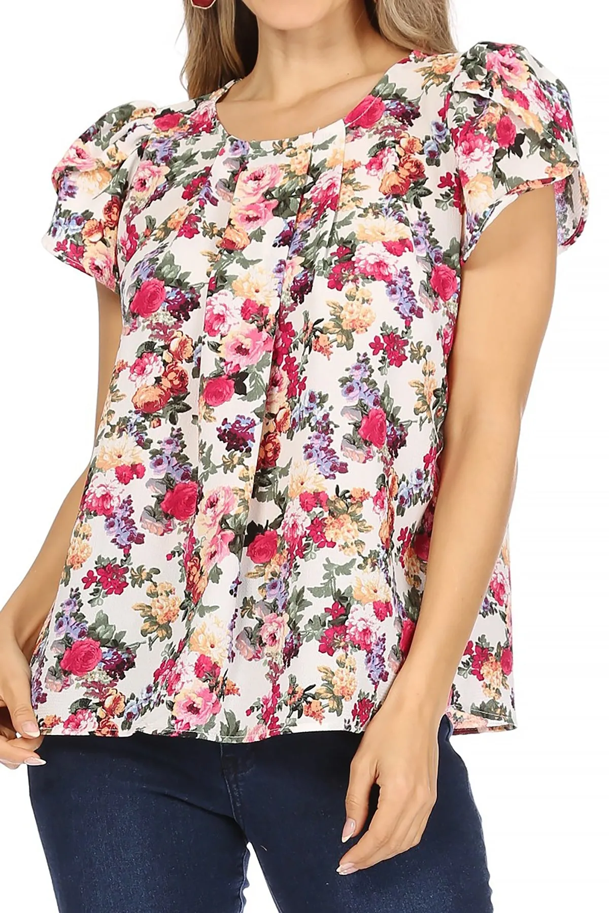 Women's Casual Floral Print Pleated Front Petal Cap Sleeve Round Neck Tee Blouse Top