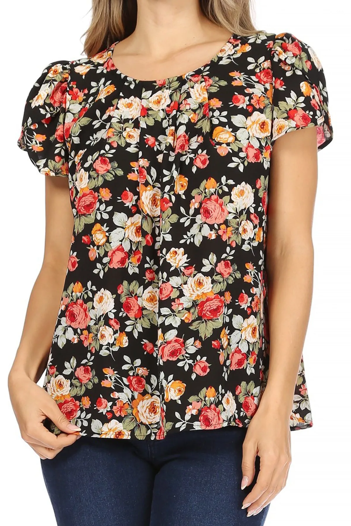 Women's Casual Floral Print Pleated Front Petal Cap Sleeve Round Neck Tee Blouse Top
