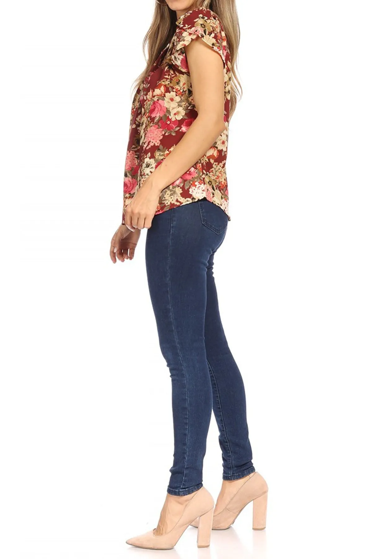 Women's Casual Floral Print Pleated Front Petal Cap Sleeve Round Neck Tee Blouse Top