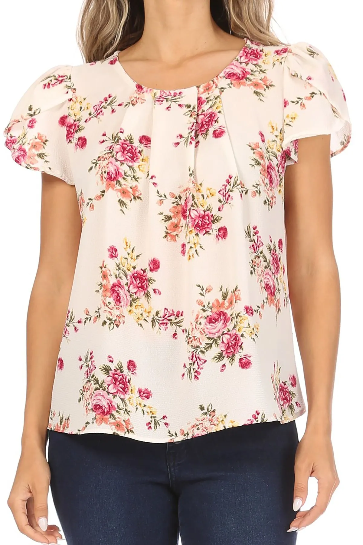 Women's Casual Floral Print Pleated Front Petal Cap Sleeve Round Neck Tee Blouse Top