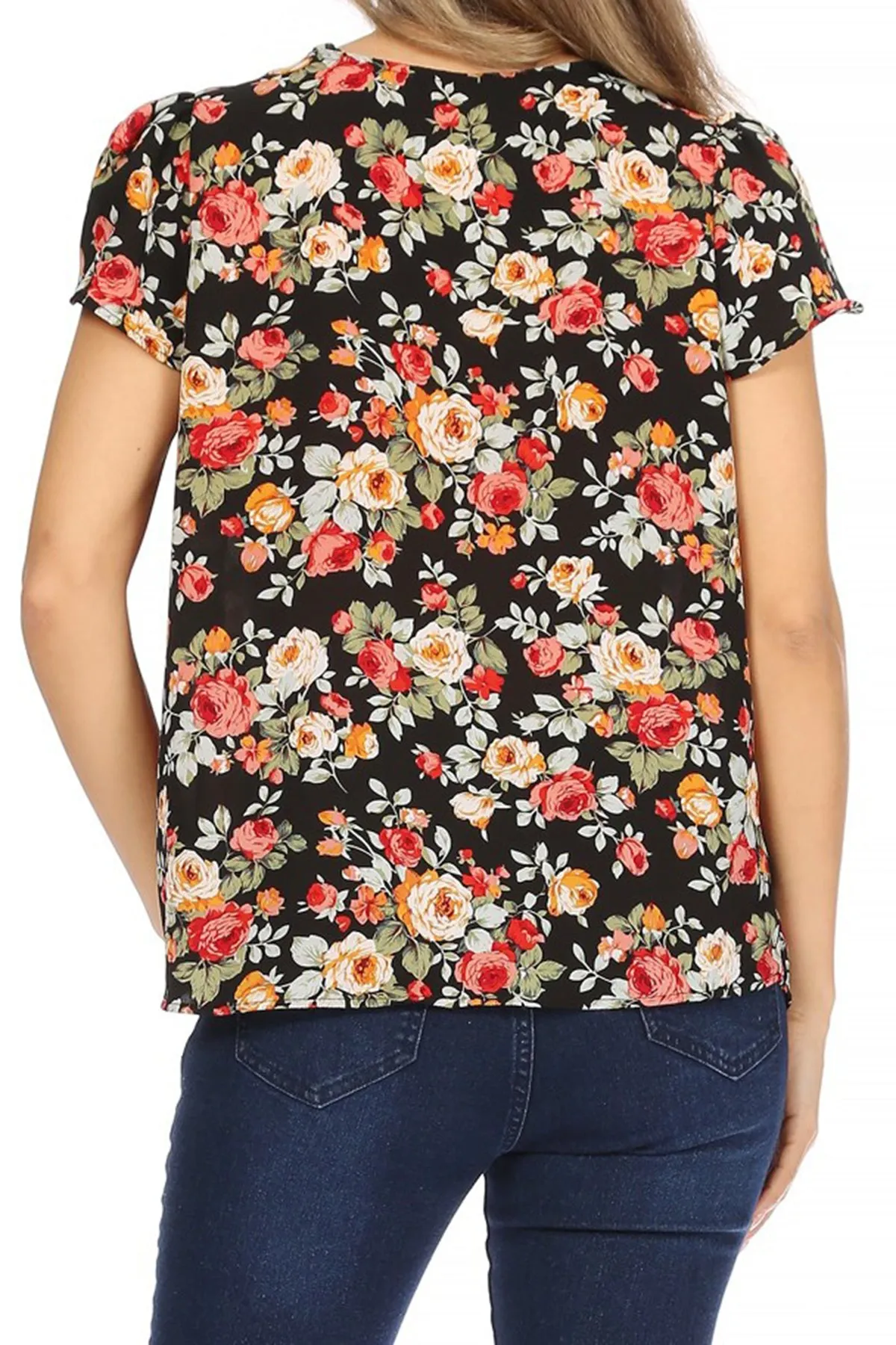 Women's Casual Floral Print Pleated Front Petal Cap Sleeve Round Neck Tee Blouse Top