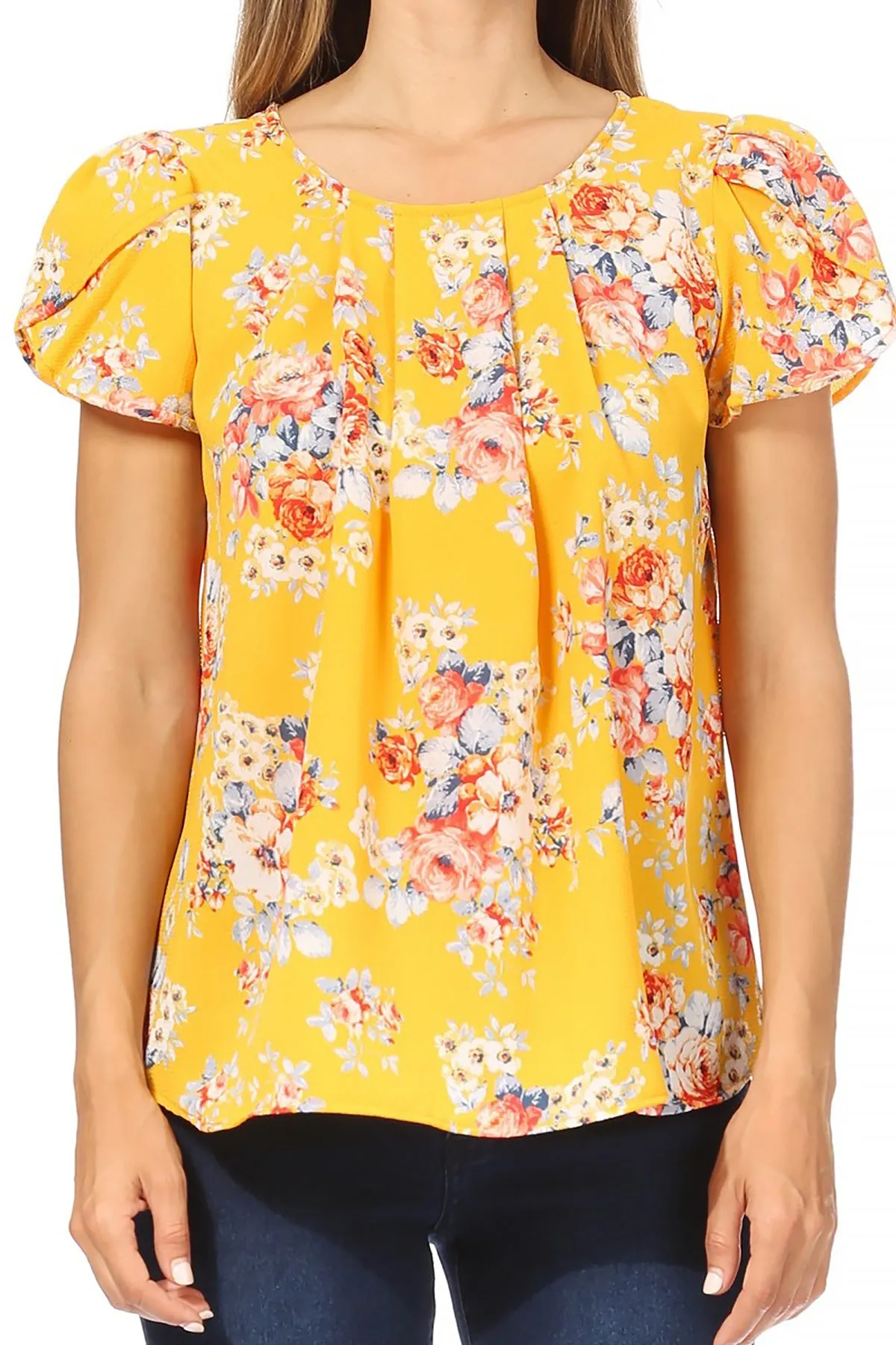Women's Casual Floral Print Pleated Front Petal Cap Sleeve Round Neck Tee Blouse Top