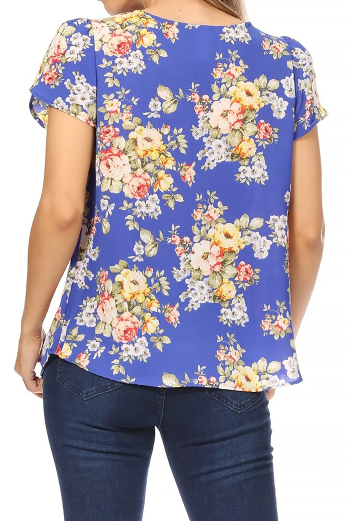 Women's Casual Floral Print Pleated Front Petal Cap Sleeve Round Neck Tee Blouse Top