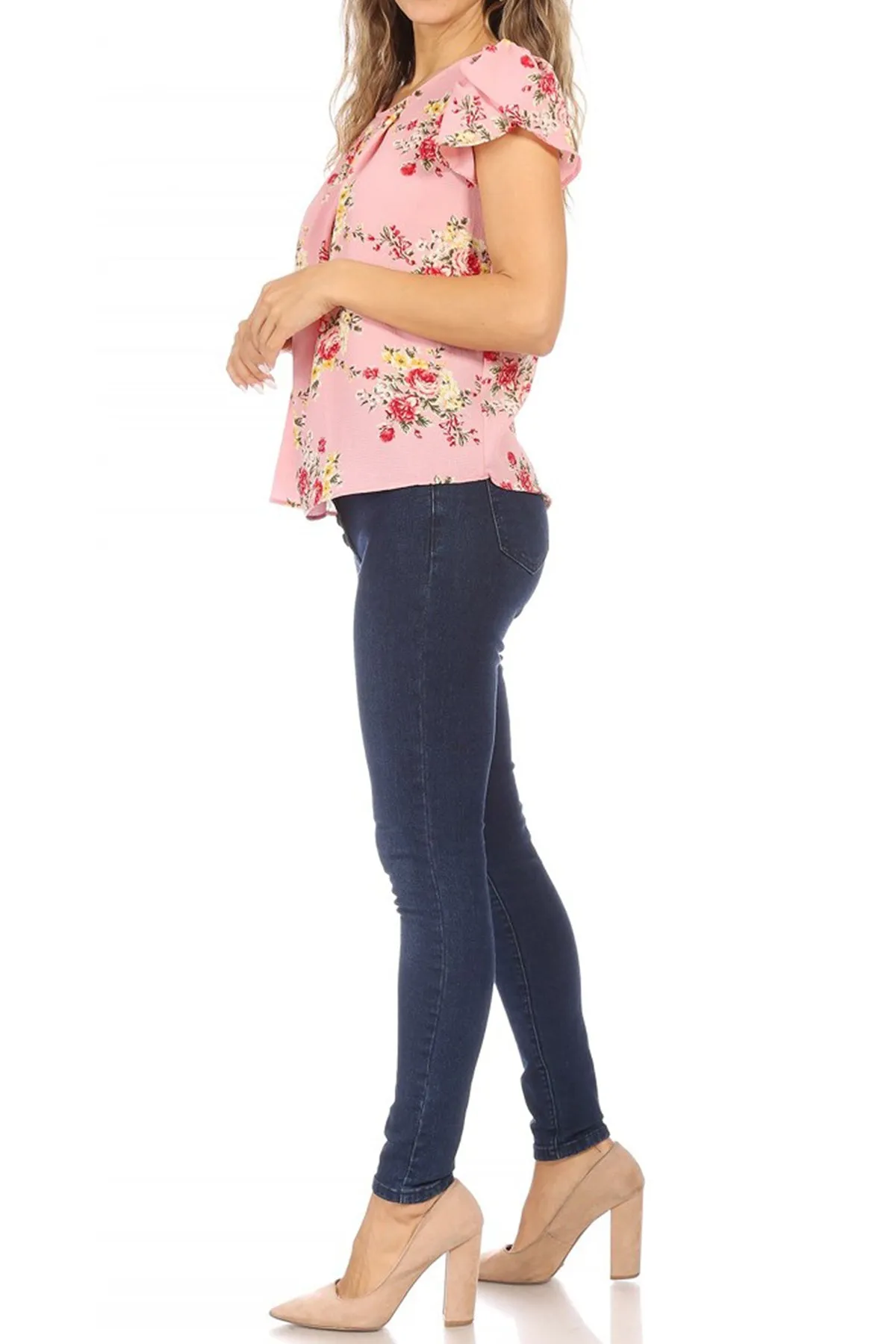 Women's Casual Floral Print Pleated Front Petal Cap Sleeve Round Neck Tee Blouse Top