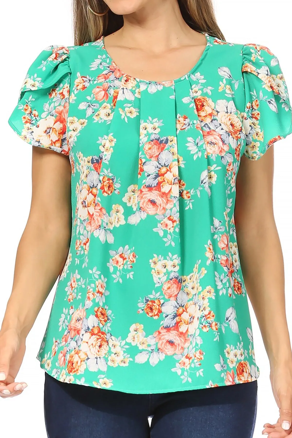 Women's Casual Floral Print Pleated Front Petal Cap Sleeve Round Neck Tee Blouse Top