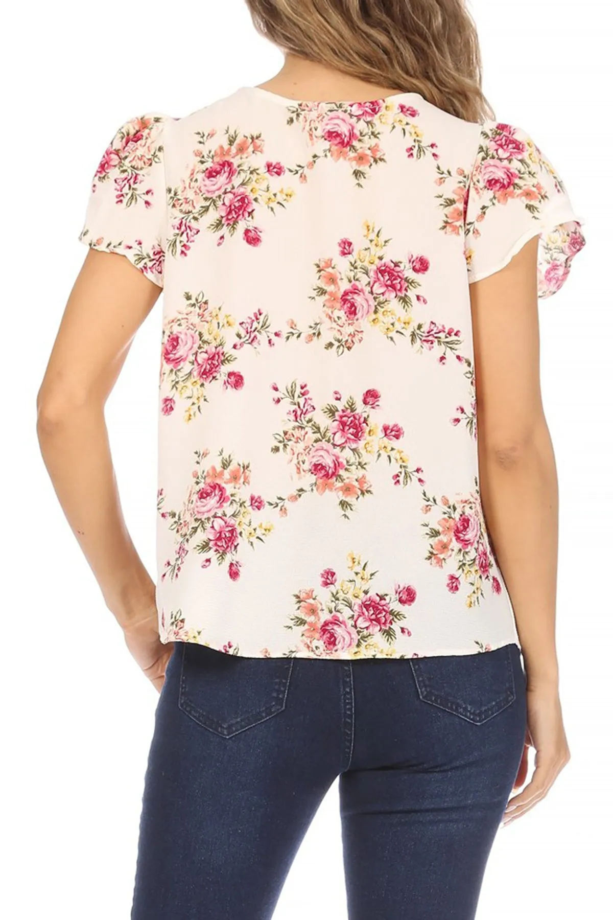 Women's Casual Floral Print Pleated Front Petal Cap Sleeve Round Neck Tee Blouse Top
