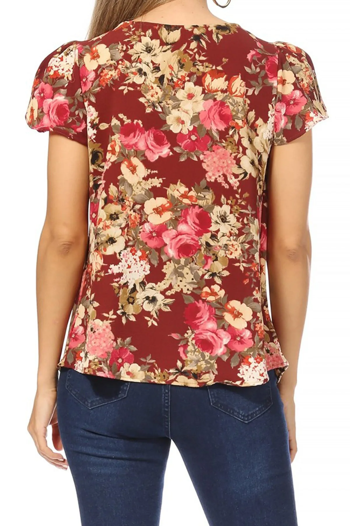 Women's Casual Floral Print Pleated Front Petal Cap Sleeve Round Neck Tee Blouse Top