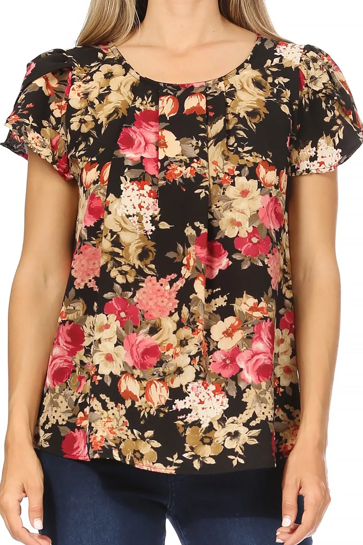 Women's Casual Floral Print Pleated Front Petal Cap Sleeve Round Neck Tee Blouse Top