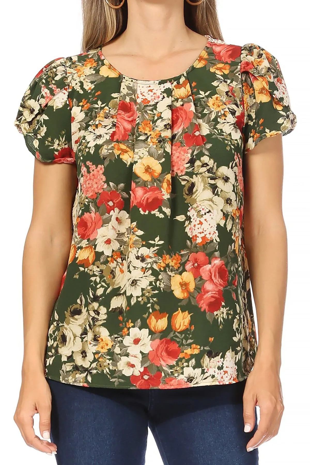 Women's Casual Floral Print Pleated Front Petal Cap Sleeve Round Neck Tee Blouse Top