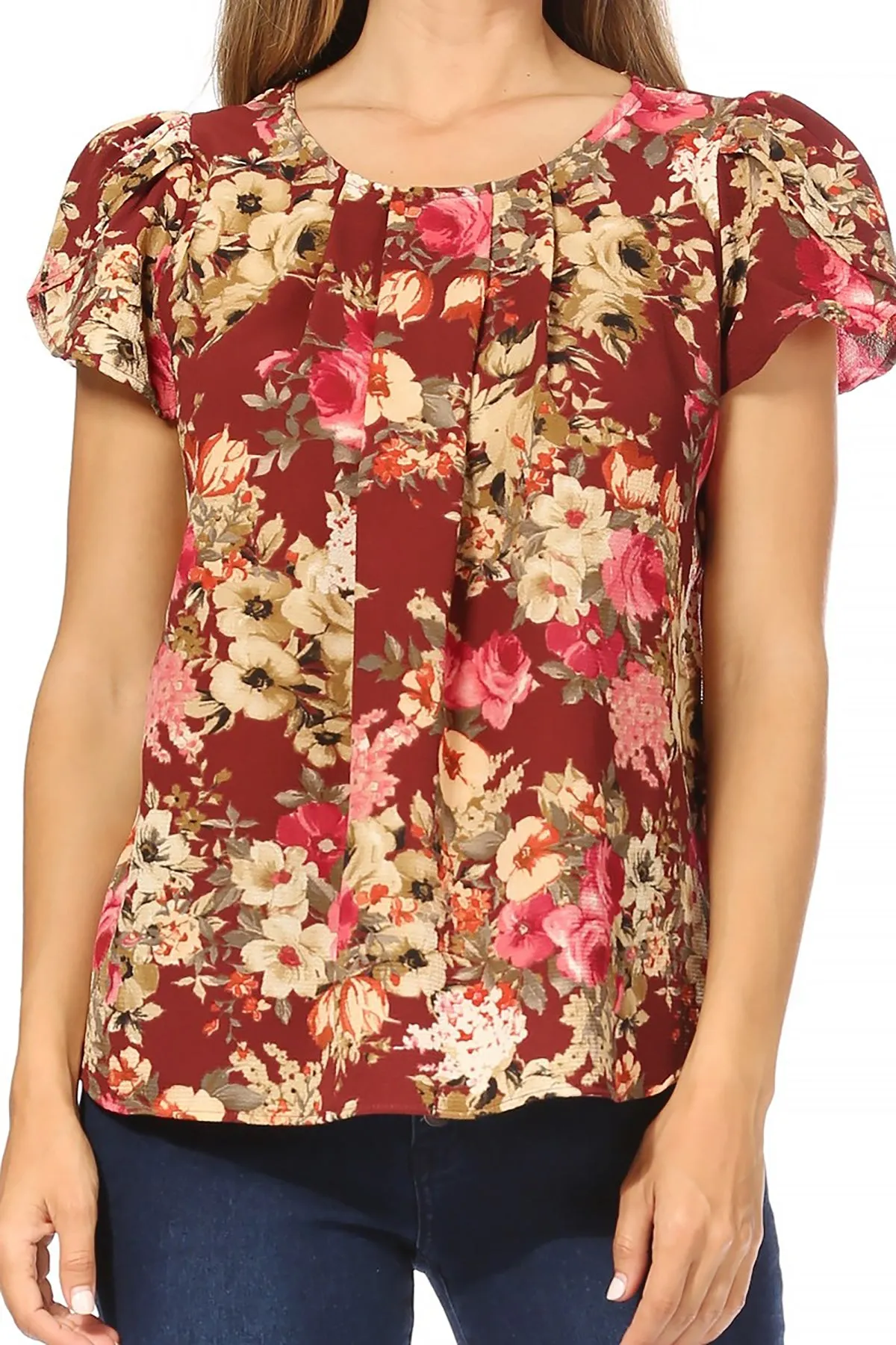 Women's Casual Floral Print Pleated Front Petal Cap Sleeve Round Neck Tee Blouse Top