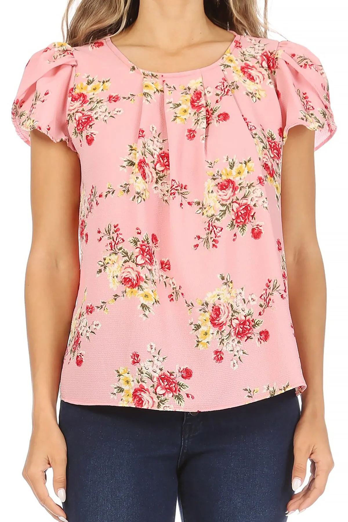 Women's Casual Floral Print Pleated Front Petal Cap Sleeve Round Neck Tee Blouse Top