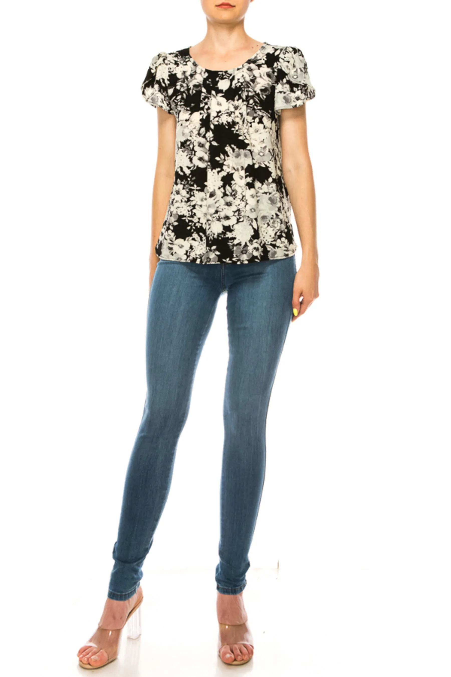 Women's Floral print pleated front top with over lapping short sleeves