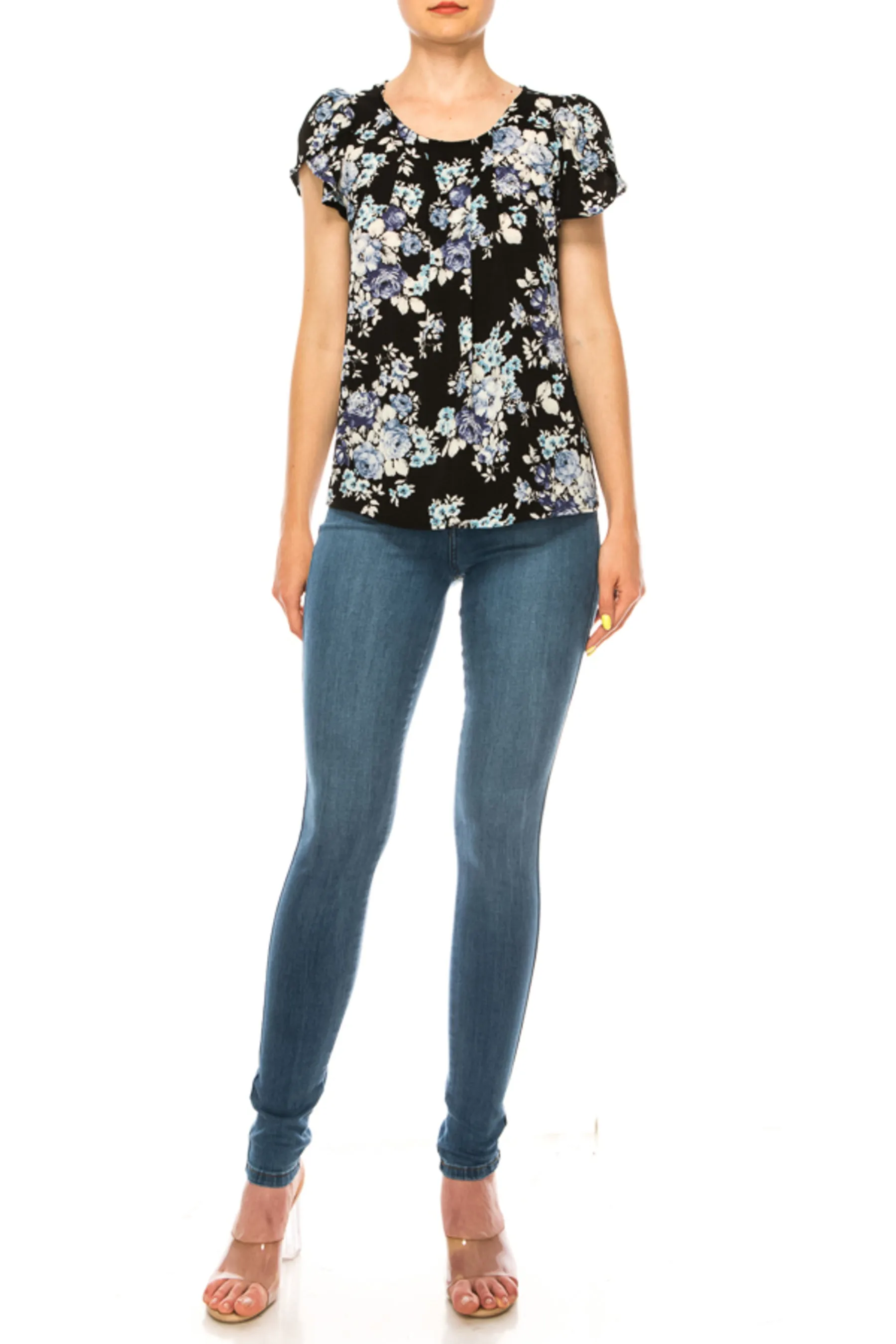 Women's Floral print pleated front top with over lapping short sleeves