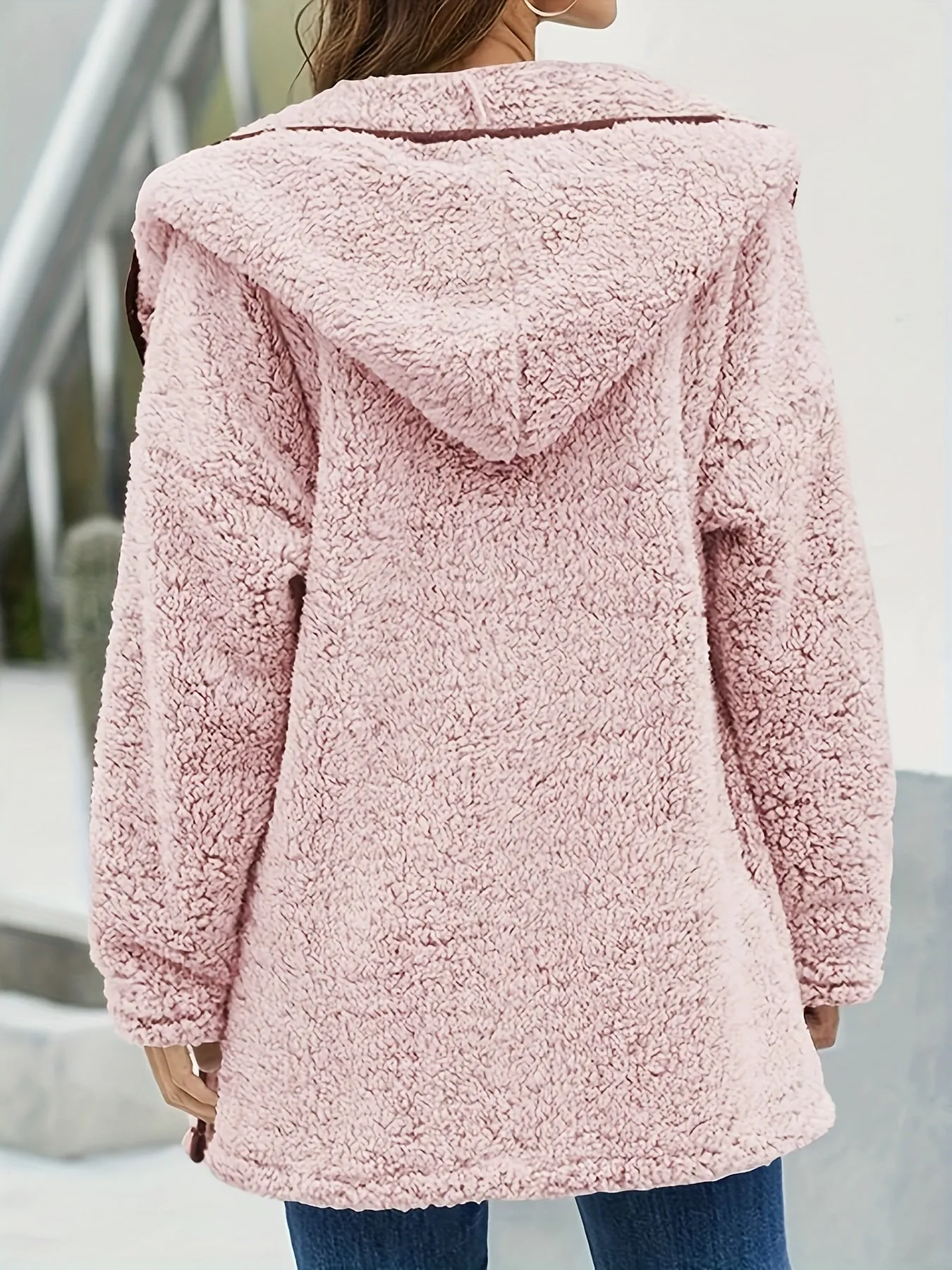 Womens Hooded Fuzzy Fleece Coat Solid Oversized Contrast Color Edging Winter Warm Jacket Outerwear