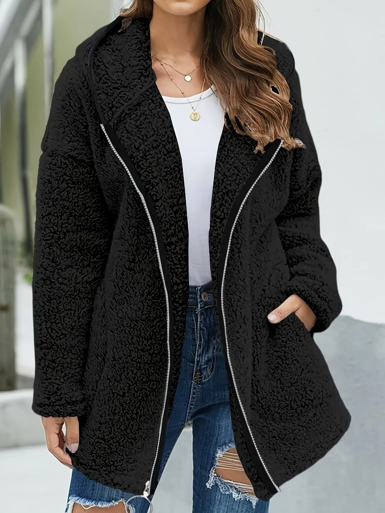 Womens Hooded Fuzzy Fleece Coat Solid Oversized Contrast Color Edging Winter Warm Jacket Outerwear