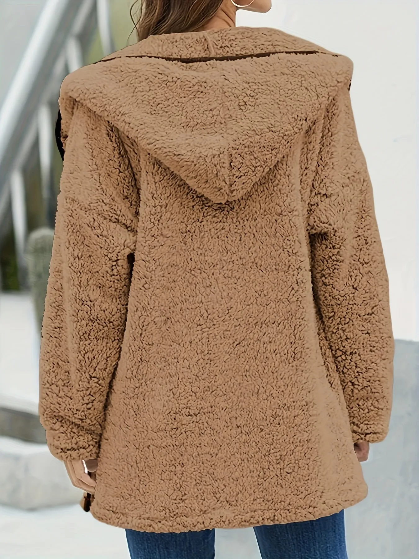 Womens Hooded Fuzzy Fleece Coat Solid Oversized Contrast Color Edging Winter Warm Jacket Outerwear