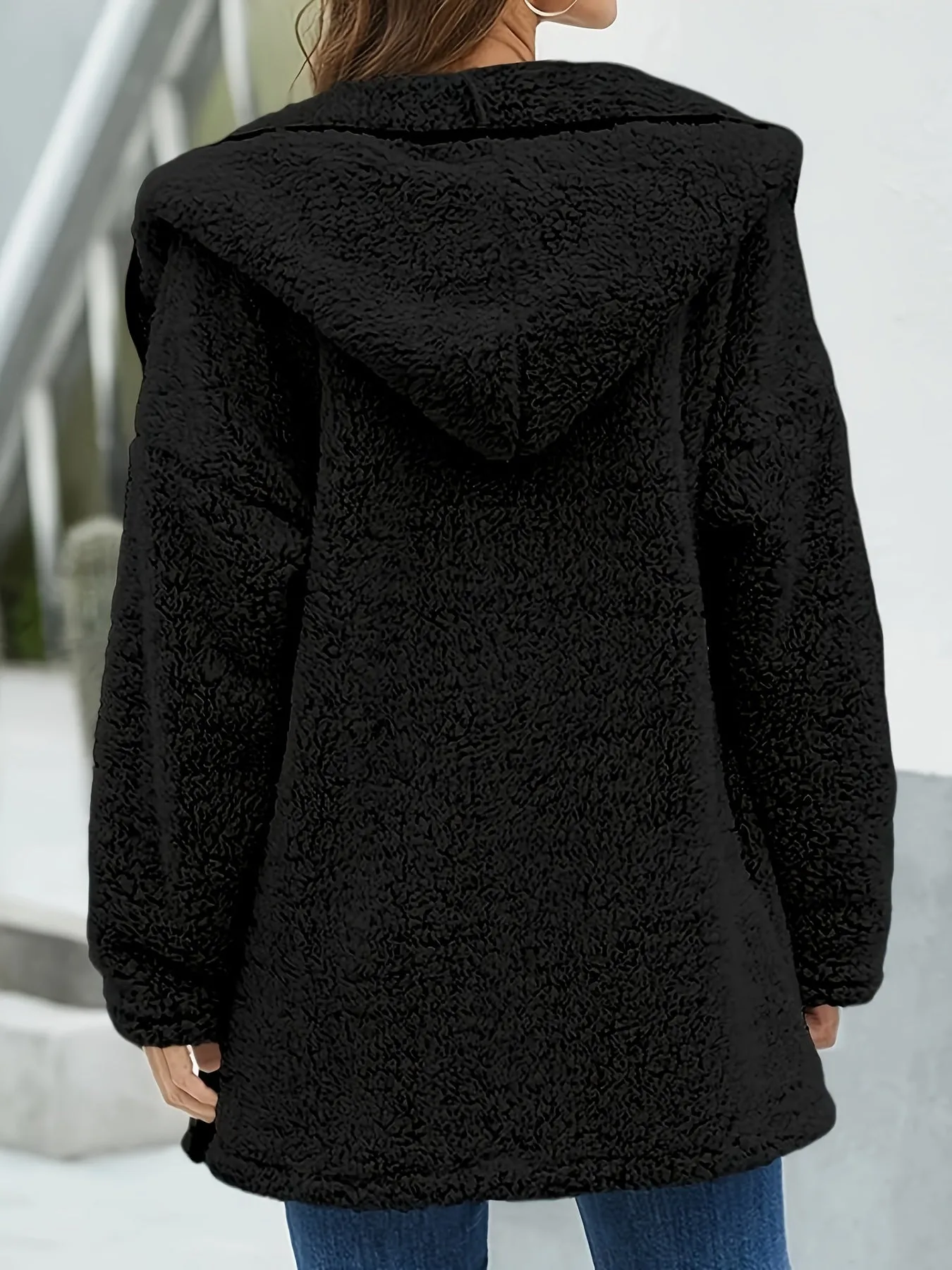 Womens Hooded Fuzzy Fleece Coat Solid Oversized Contrast Color Edging Winter Warm Jacket Outerwear