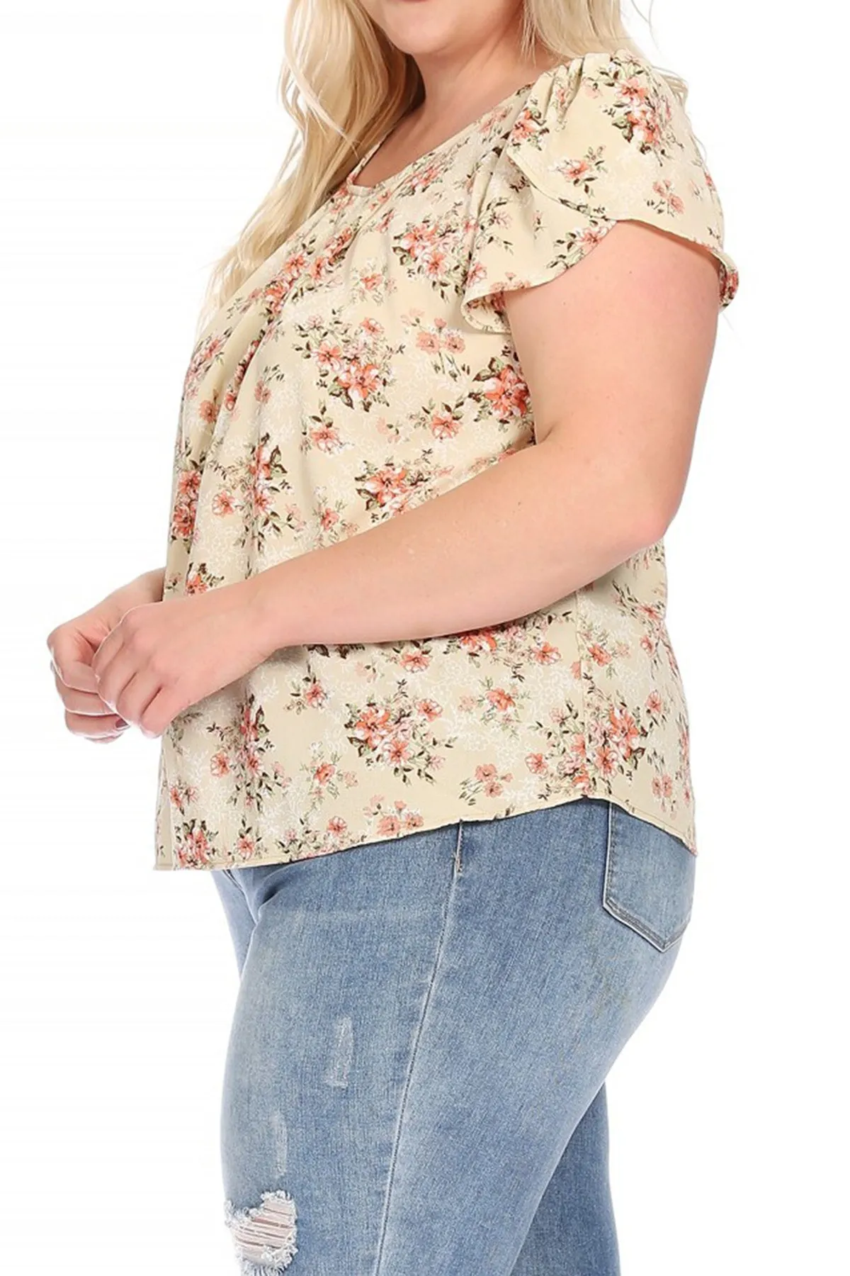 Women's Plus Size Casual Floral Pleated Front Petal Cap Sleeve Round Neck Tee Blouse Top