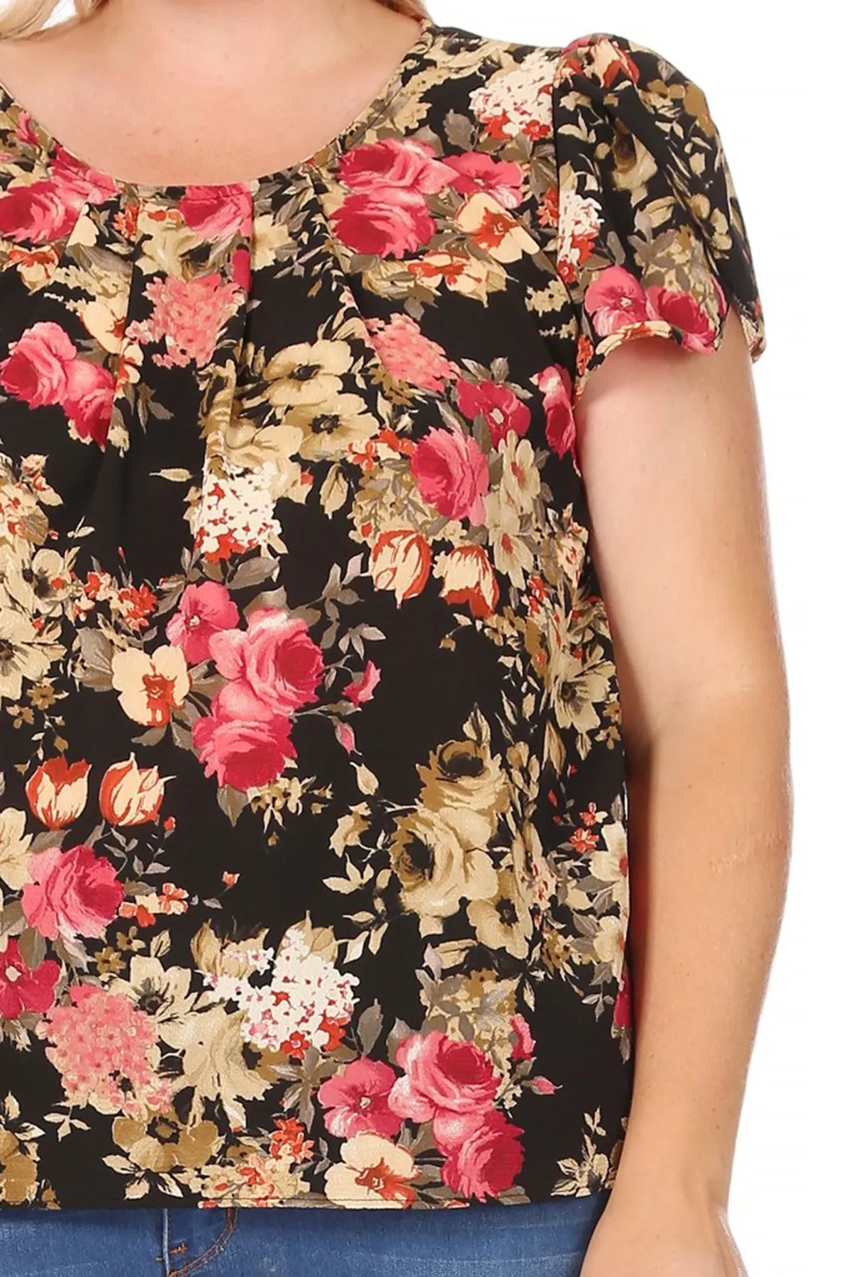 Women's Plus Size Casual Floral Pleated Front Petal Cap Sleeve Round Neck Tee Blouse Top