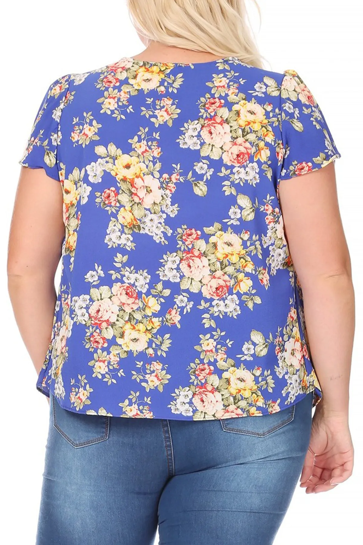 Women's Plus Size Casual Floral Pleated Front Petal Cap Sleeve Round Neck Tee Blouse Top