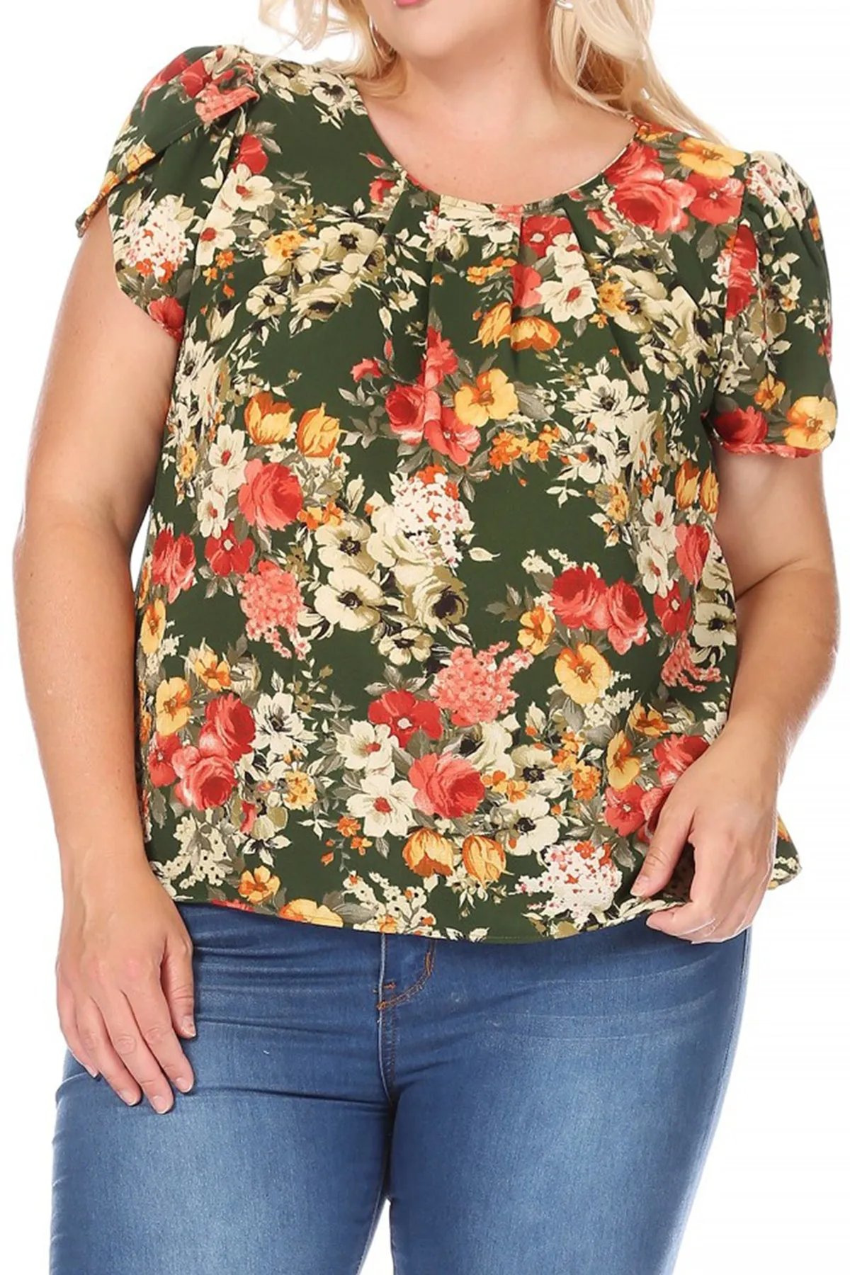 Women's Plus Size Casual Floral Pleated Front Petal Cap Sleeve Round Neck Tee Blouse Top