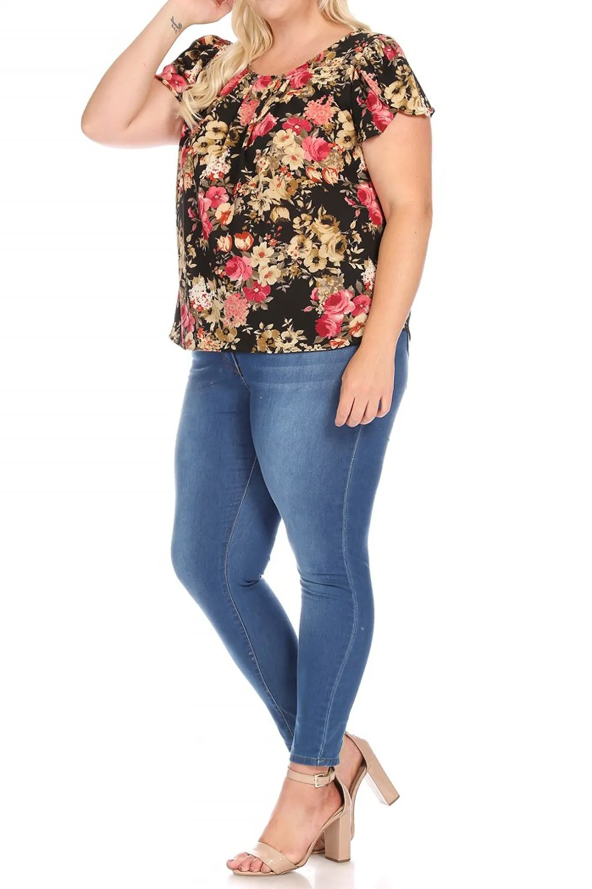 Women's Plus Size Casual Floral Pleated Front Petal Cap Sleeve Round Neck Tee Blouse Top