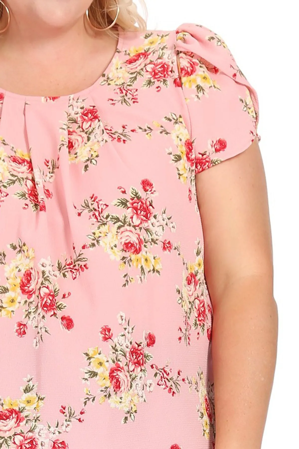 Women's Plus Size Casual Floral Pleated Front Petal Cap Sleeve Round Neck Tee Blouse Top