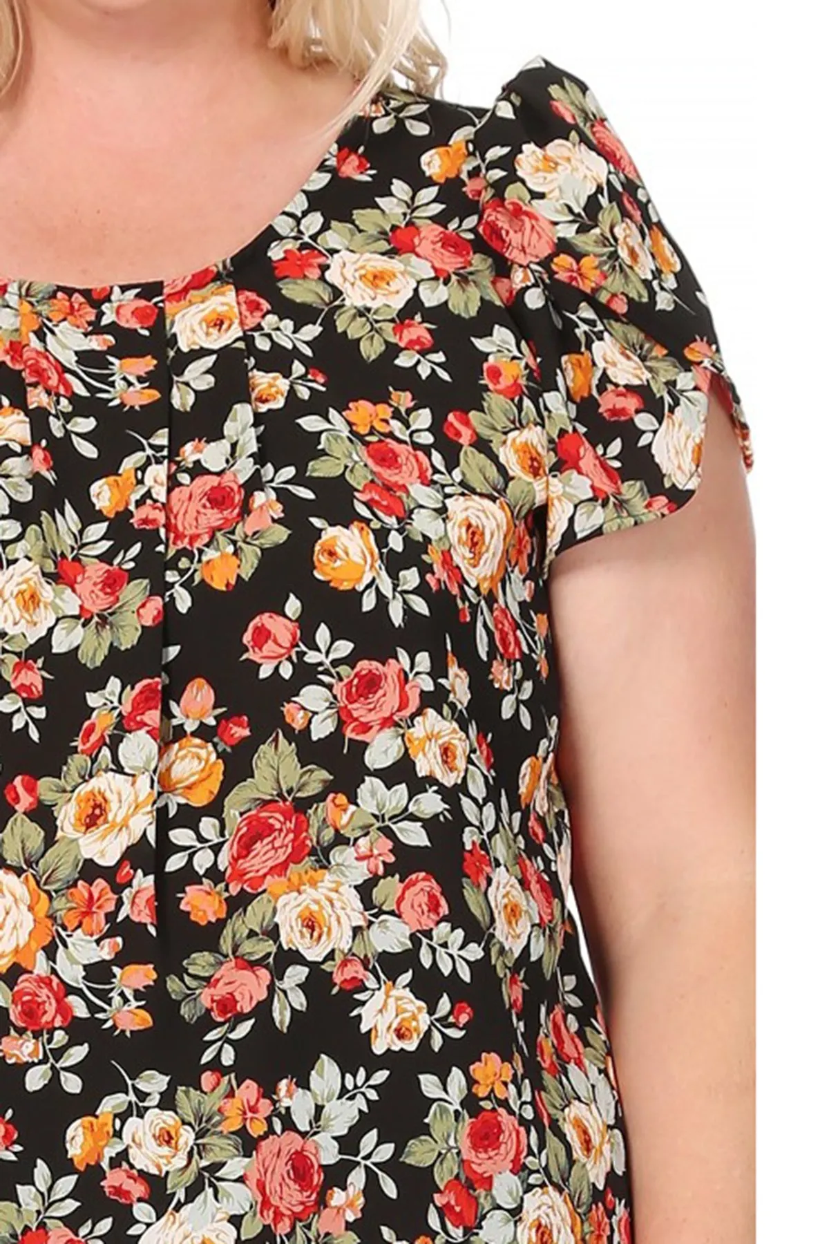Women's Plus Size Casual Floral Pleated Front Petal Cap Sleeve Round Neck Tee Blouse Top