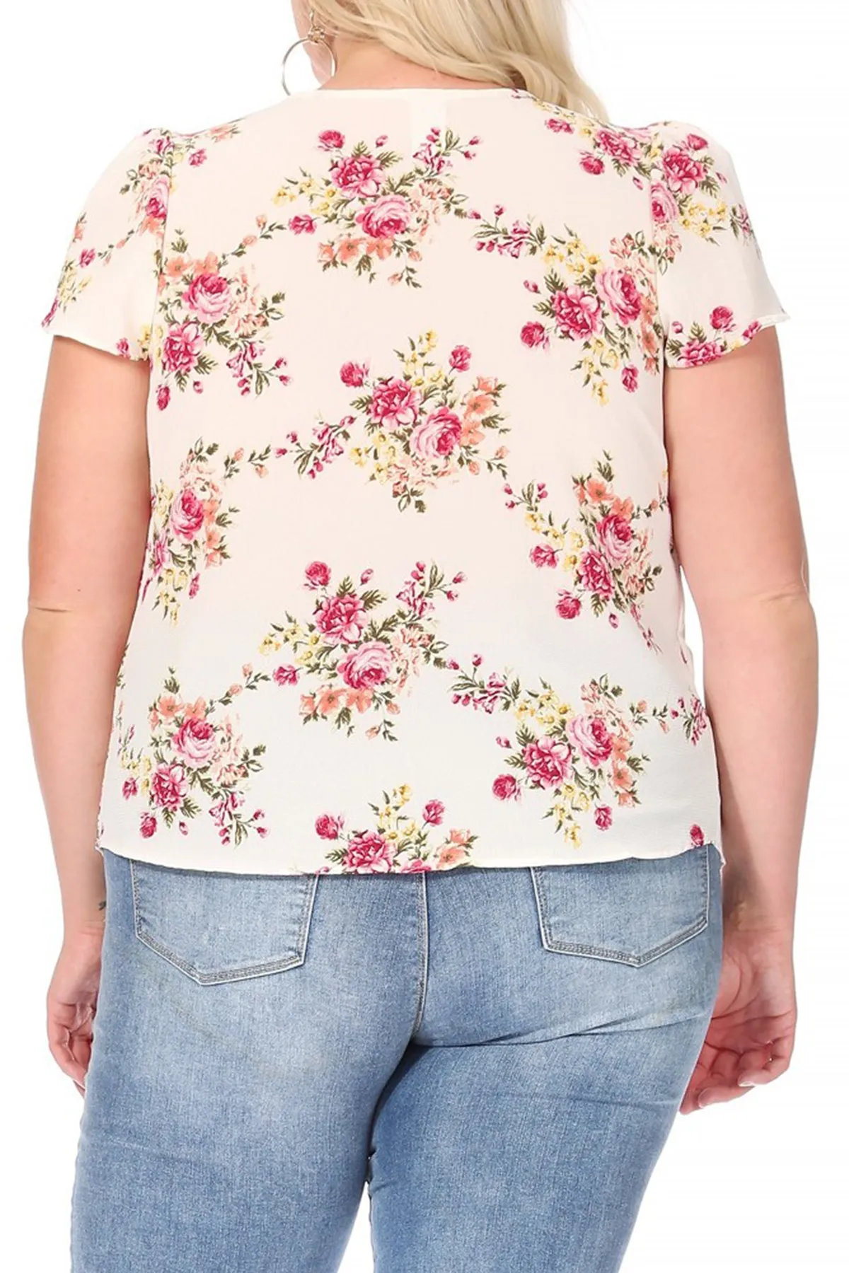 Women's Plus Size Casual Floral Pleated Front Petal Cap Sleeve Round Neck Tee Blouse Top