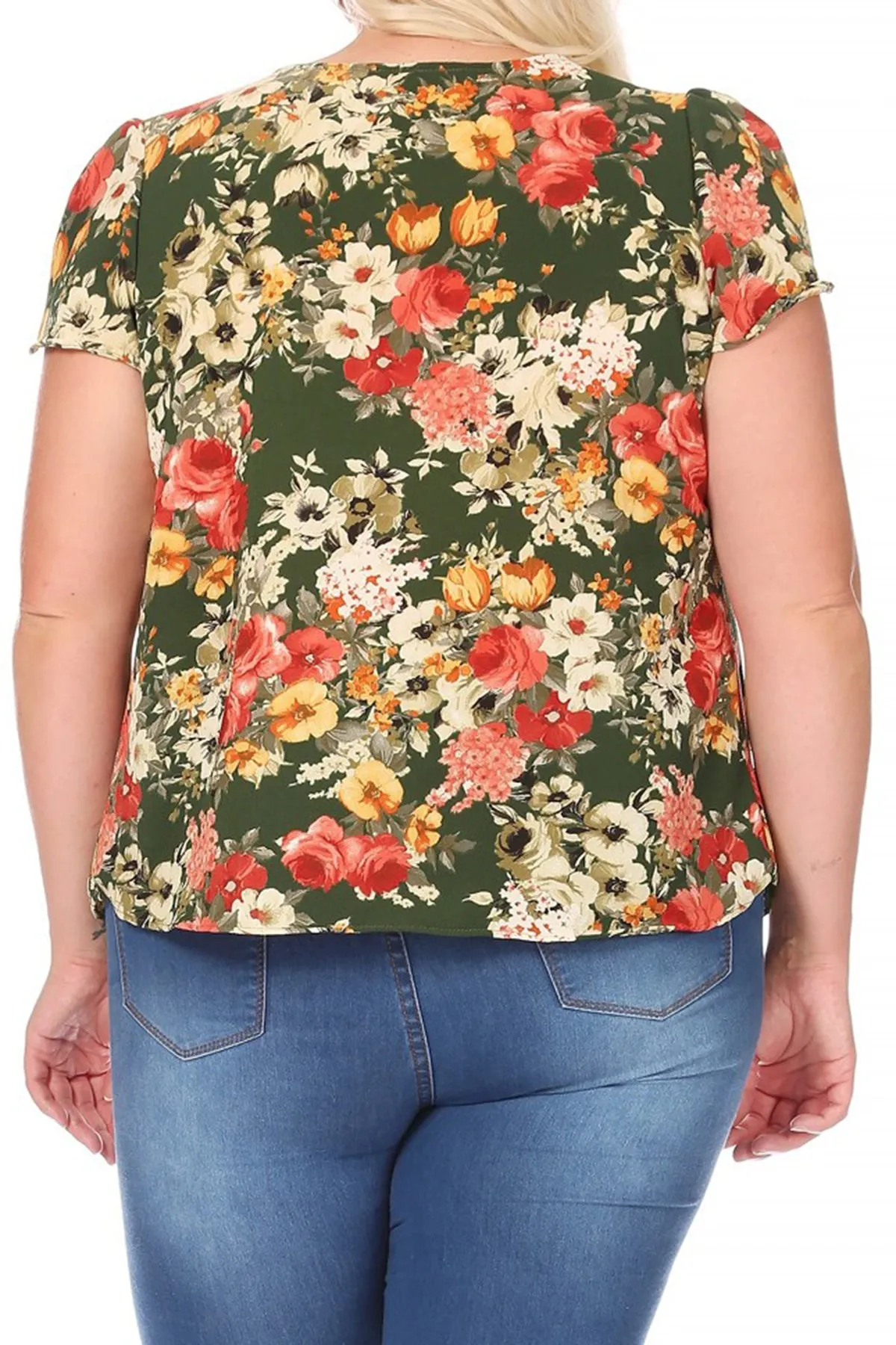 Women's Plus Size Casual Floral Pleated Front Petal Cap Sleeve Round Neck Tee Blouse Top