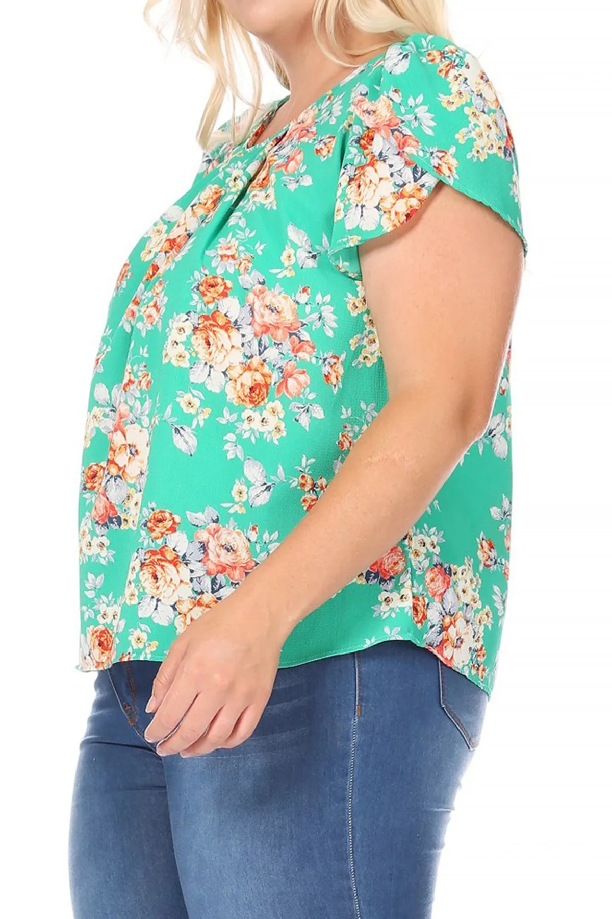 Women's Plus Size Casual Floral Pleated Front Petal Cap Sleeve Round Neck Tee Blouse Top