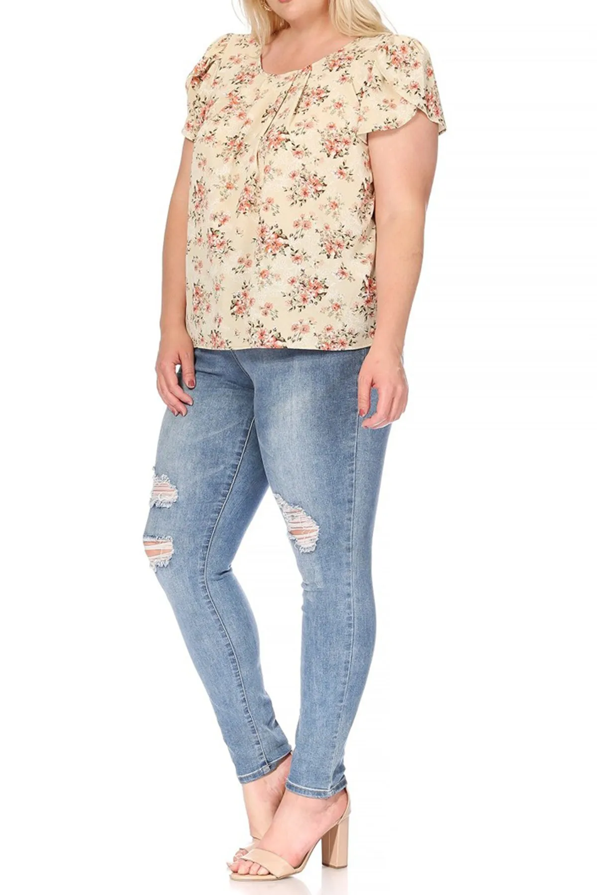 Women's Plus Size Casual Floral Pleated Front Petal Cap Sleeve Round Neck Tee Blouse Top
