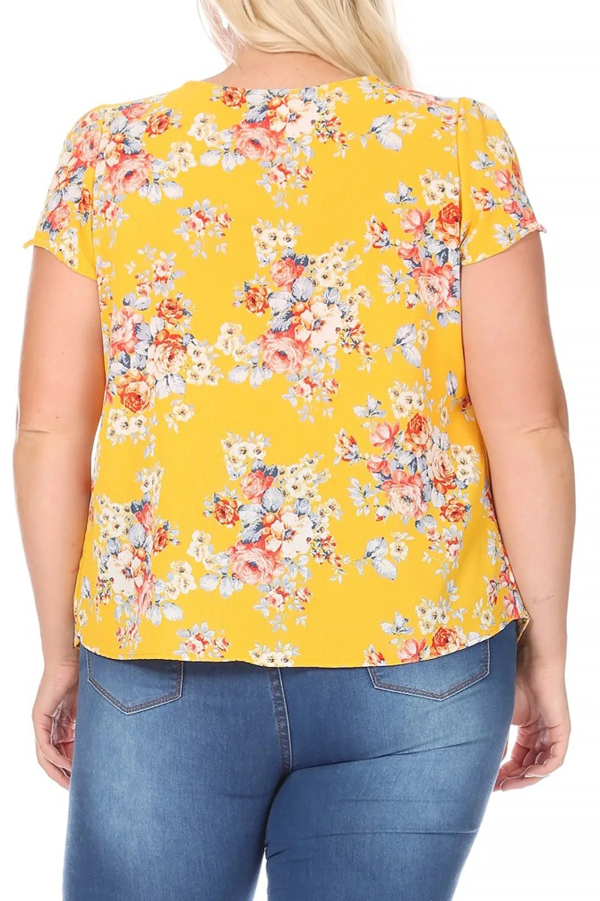 Women's Plus Size Casual Floral Pleated Front Petal Cap Sleeve Round Neck Tee Blouse Top