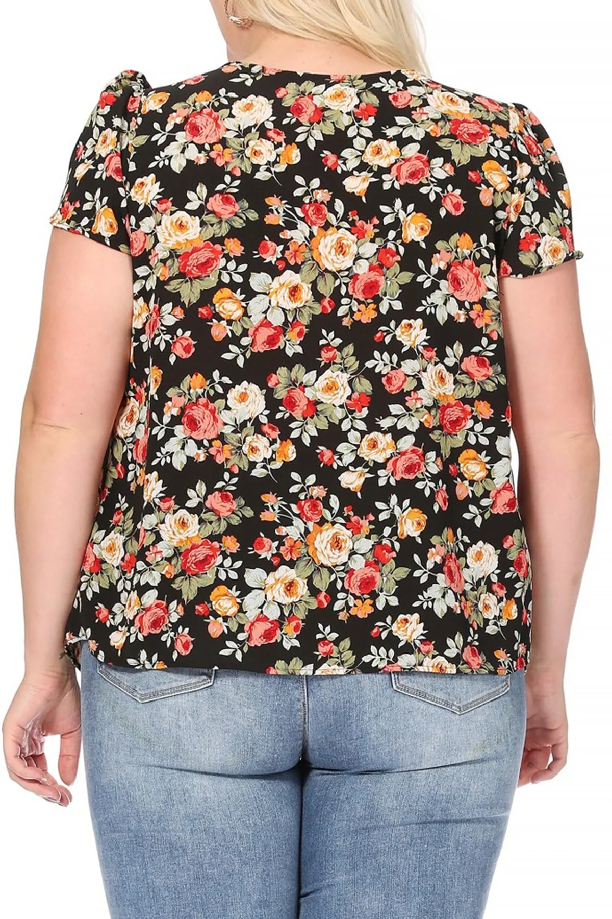Women's Plus Size Casual Floral Pleated Front Petal Cap Sleeve Round Neck Tee Blouse Top