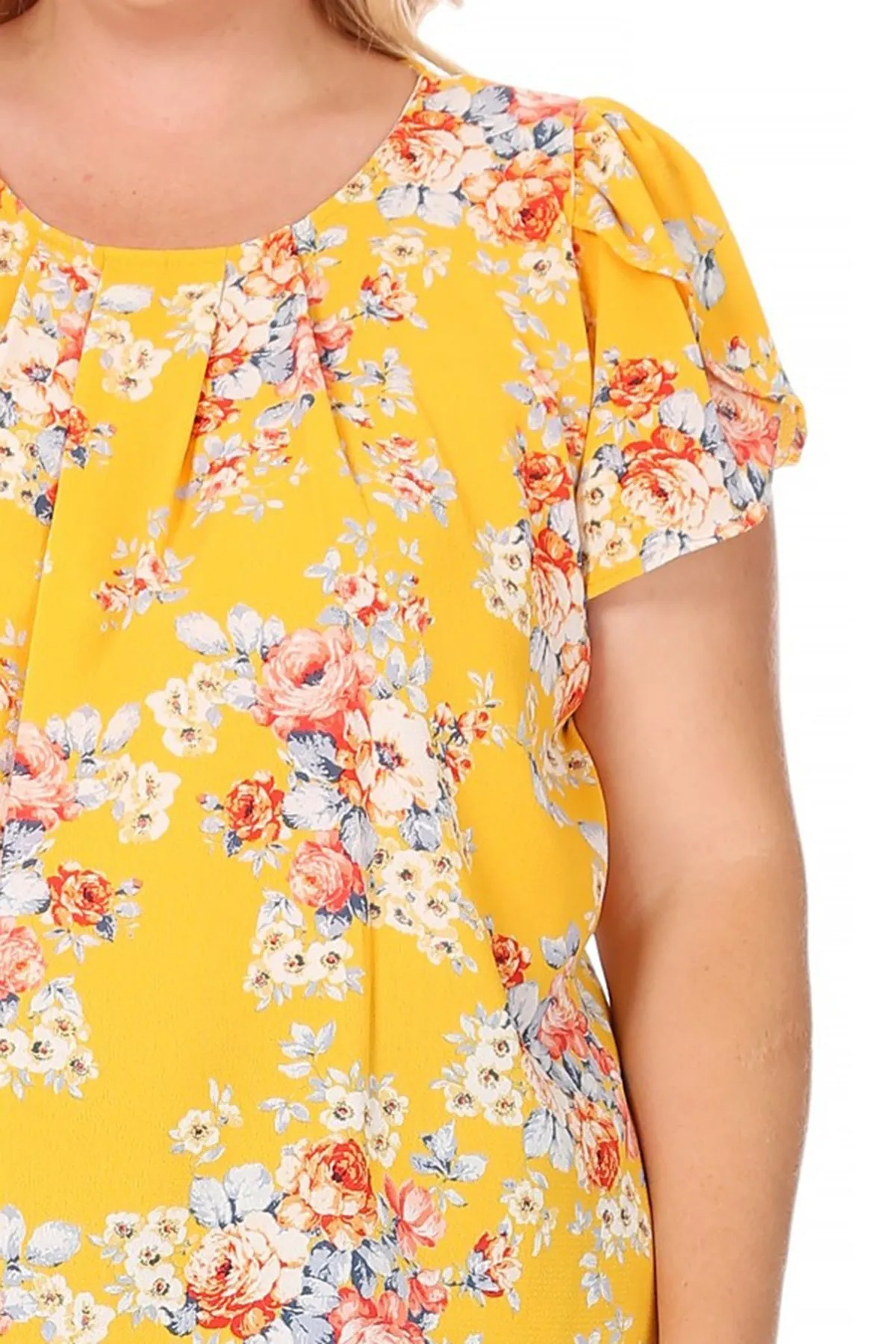 Women's Plus Size Casual Floral Pleated Front Petal Cap Sleeve Round Neck Tee Blouse Top
