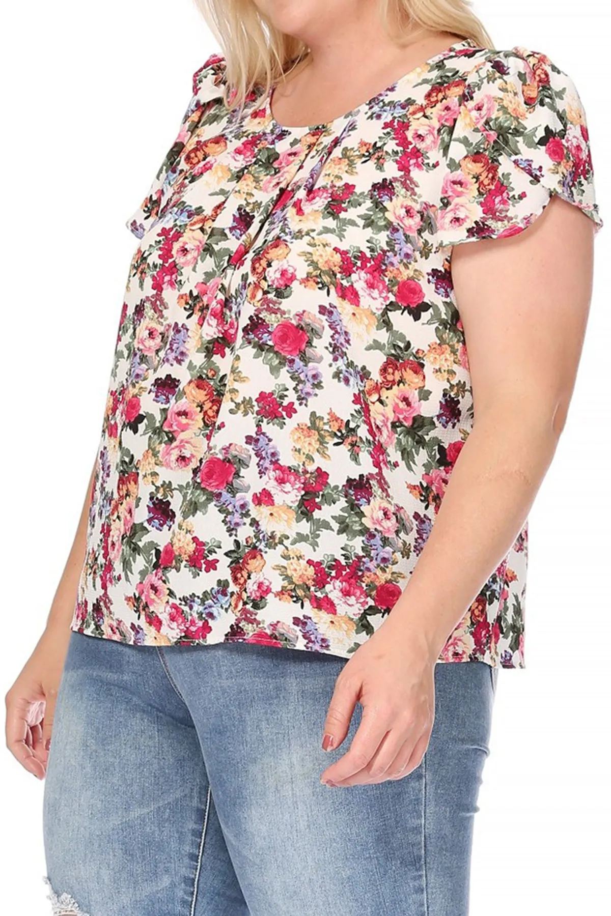 Women's Plus Size Casual Floral Pleated Front Petal Cap Sleeve Round Neck Tee Blouse Top