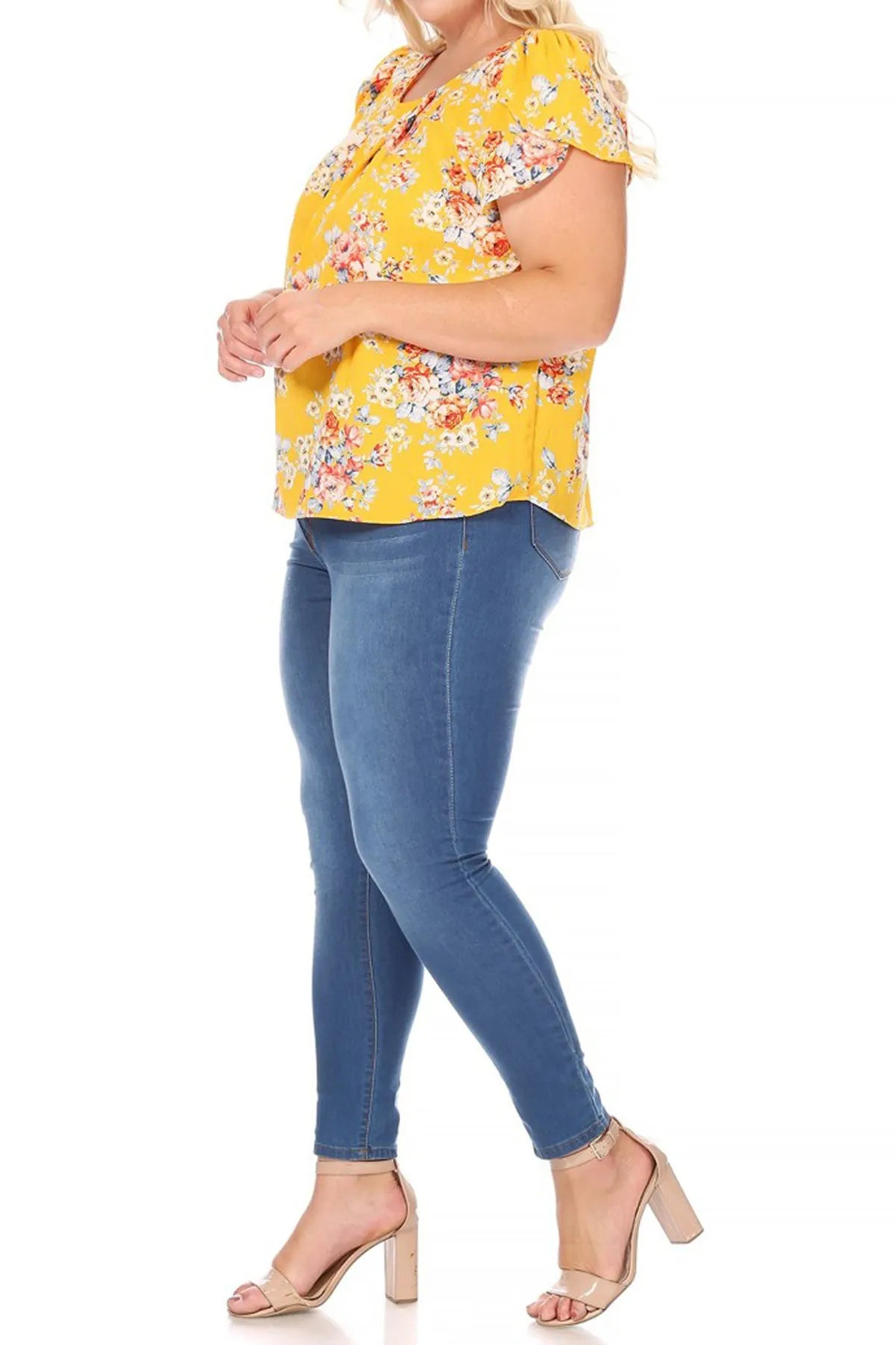 Women's Plus Size Casual Floral Pleated Front Petal Cap Sleeve Round Neck Tee Blouse Top