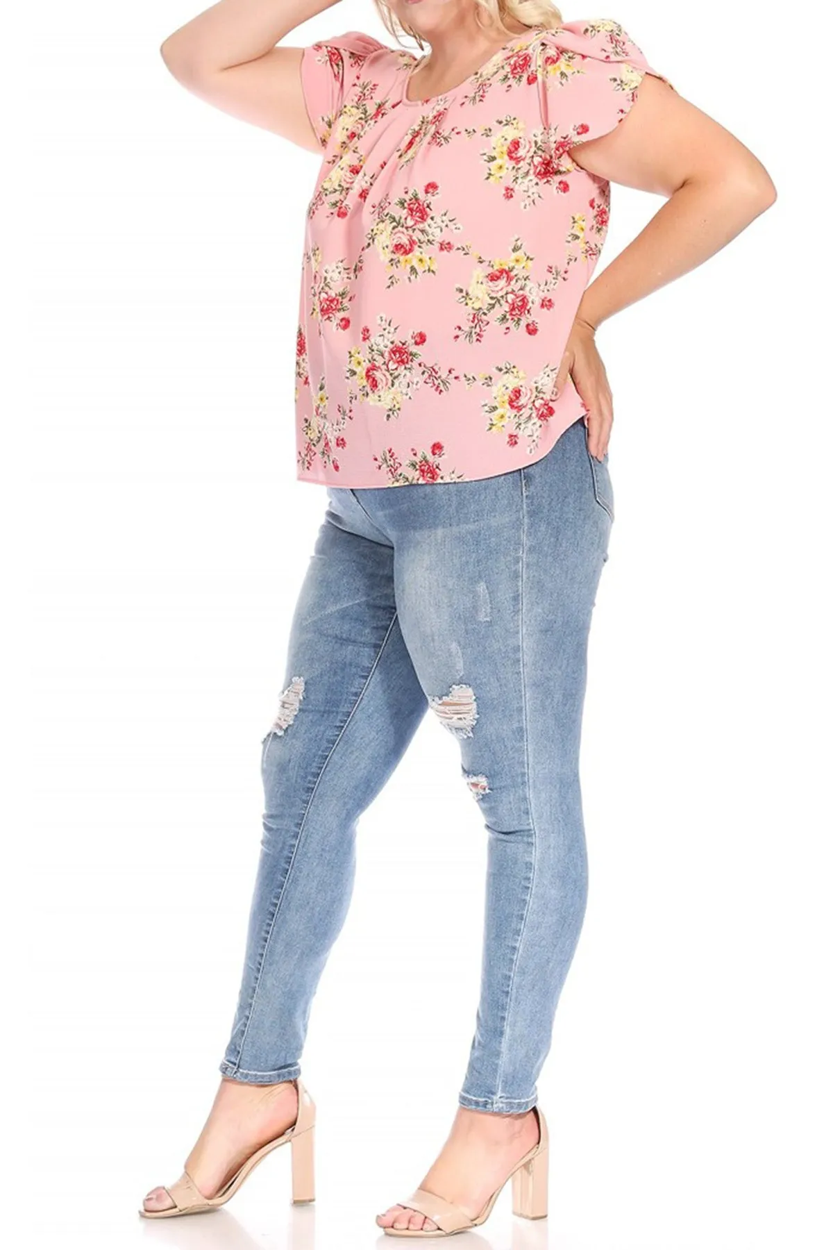 Women's Plus Size Casual Floral Pleated Front Petal Cap Sleeve Round Neck Tee Blouse Top