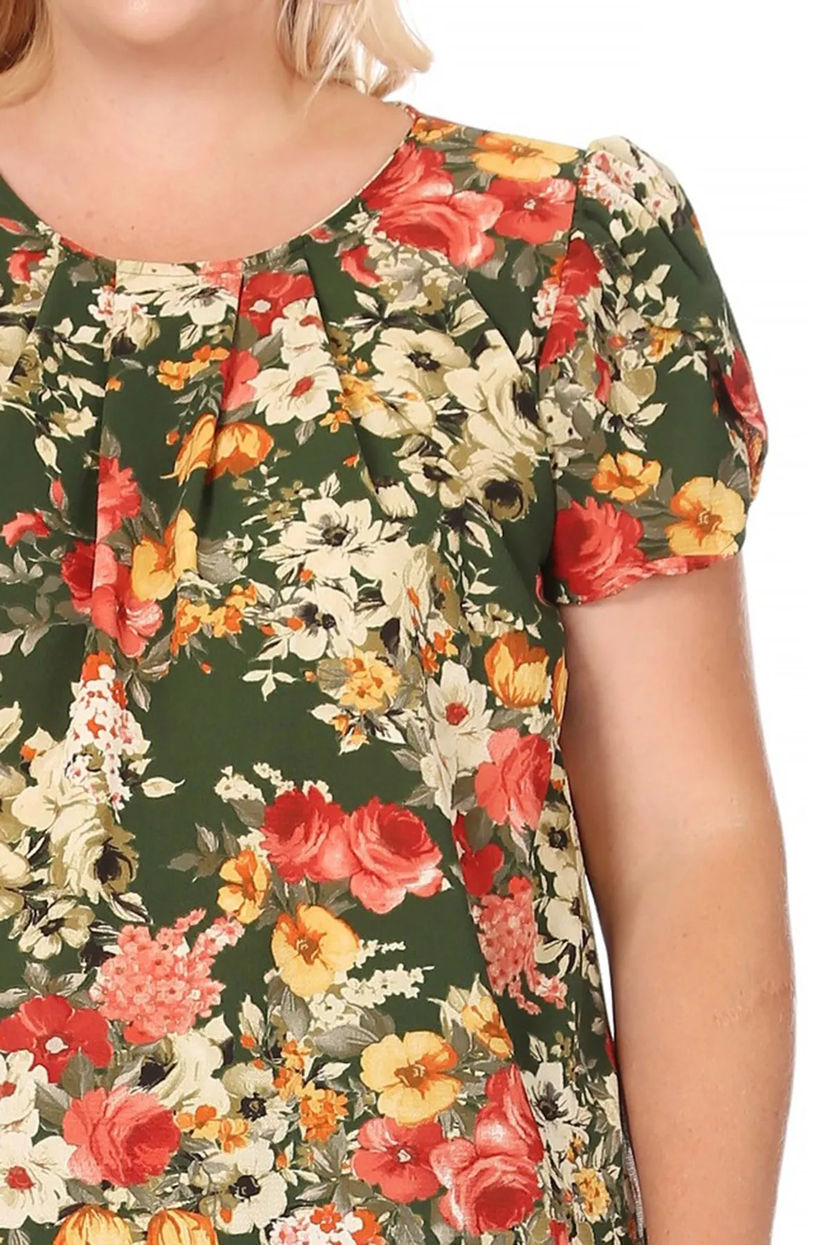 Women's Plus Size Casual Floral Pleated Front Petal Cap Sleeve Round Neck Tee Blouse Top
