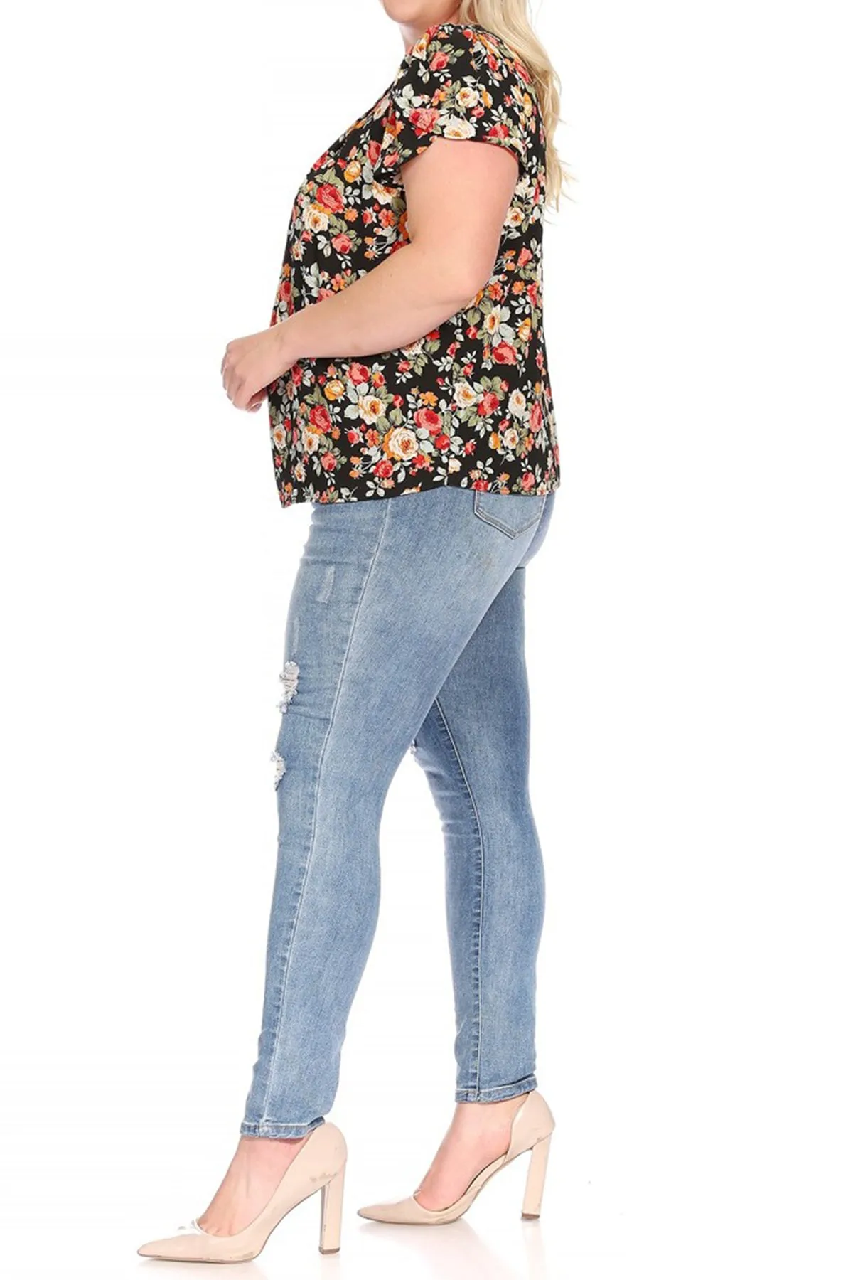 Women's Plus Size Casual Floral Pleated Front Petal Cap Sleeve Round Neck Tee Blouse Top