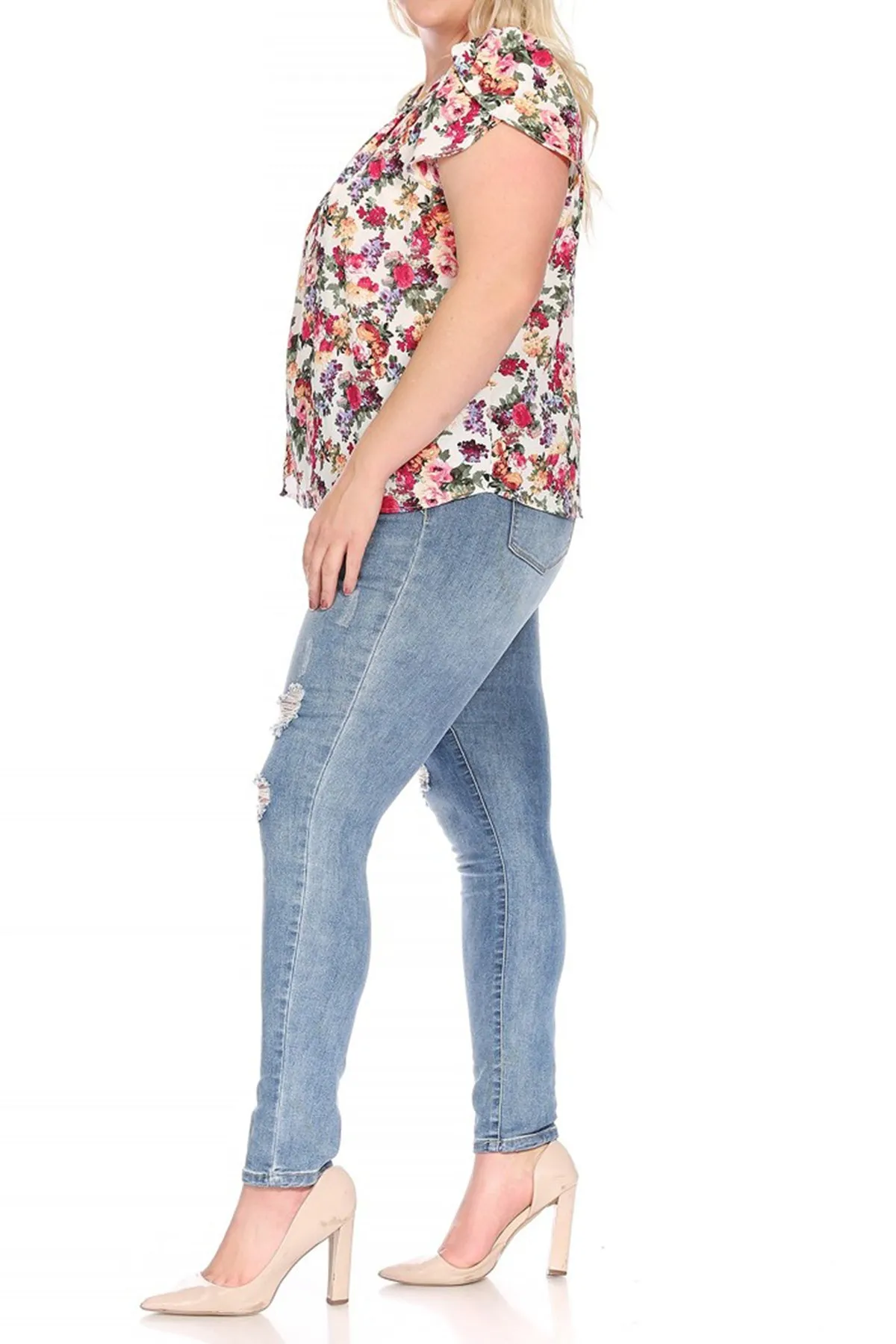 Women's Plus Size Casual Floral Pleated Front Petal Cap Sleeve Round Neck Tee Blouse Top