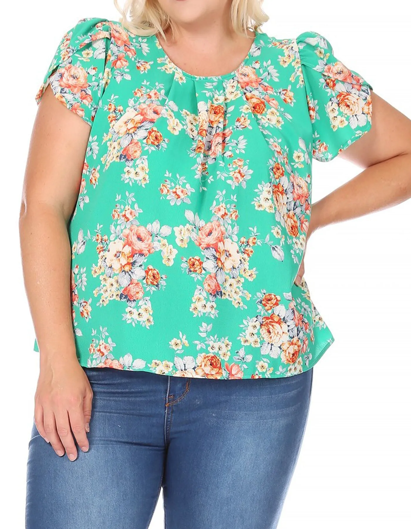 Women's Plus Size Casual Floral Pleated Front Petal Cap Sleeve Round Neck Tee Blouse Top