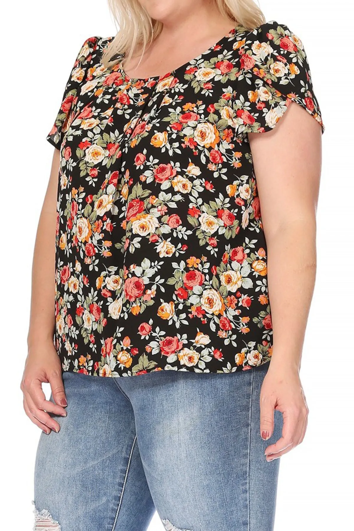 Women's Plus Size Casual Floral Pleated Front Petal Cap Sleeve Round Neck Tee Blouse Top