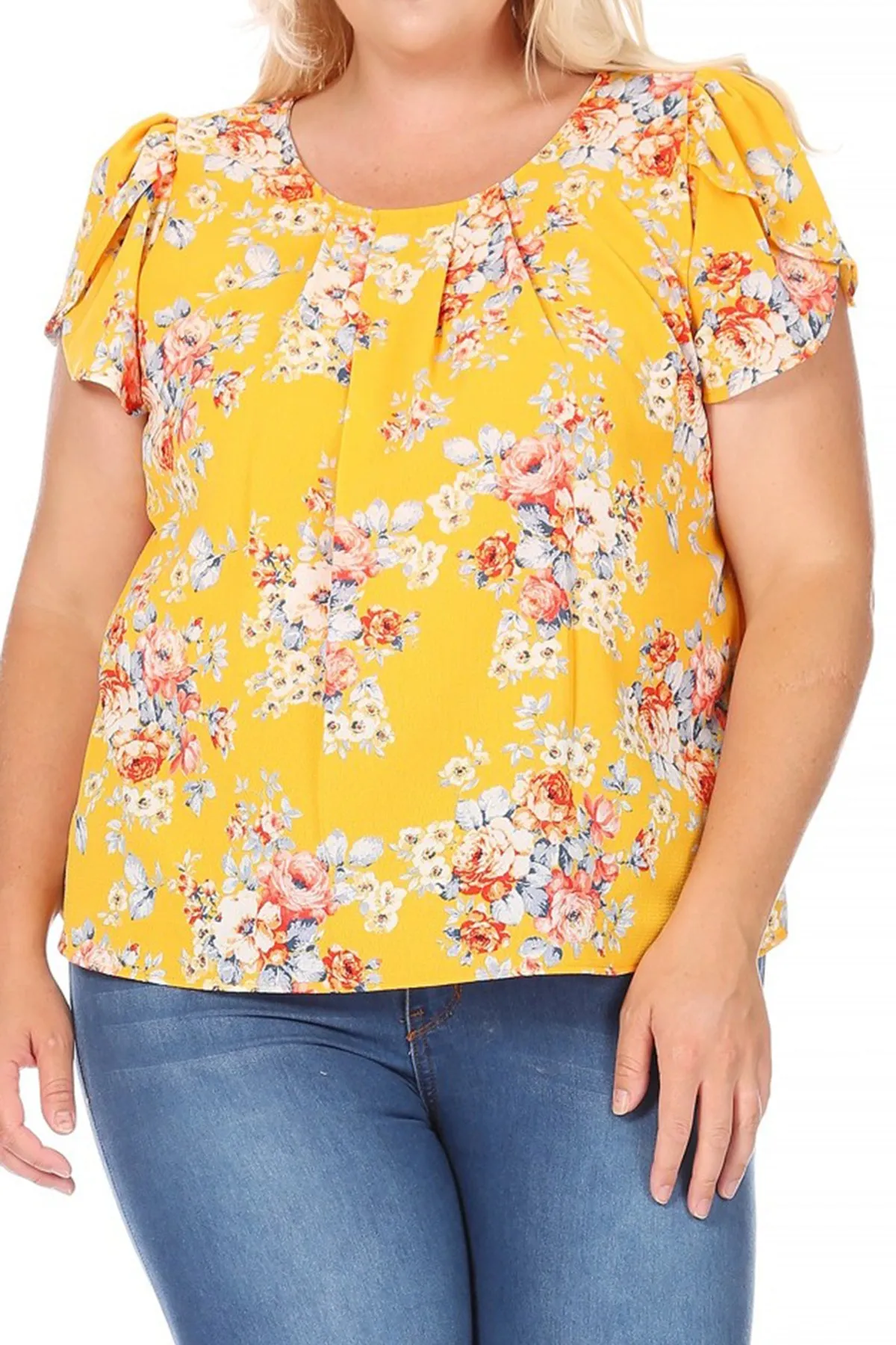 Women's Plus Size Casual Floral Pleated Front Petal Cap Sleeve Round Neck Tee Blouse Top