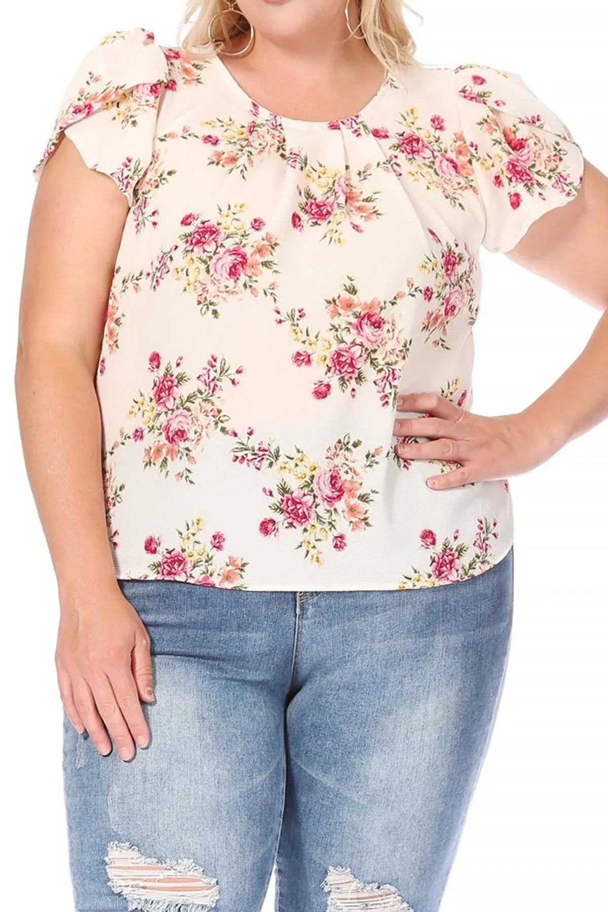 Women's Plus Size Casual Floral Pleated Front Petal Cap Sleeve Round Neck Tee Blouse Top