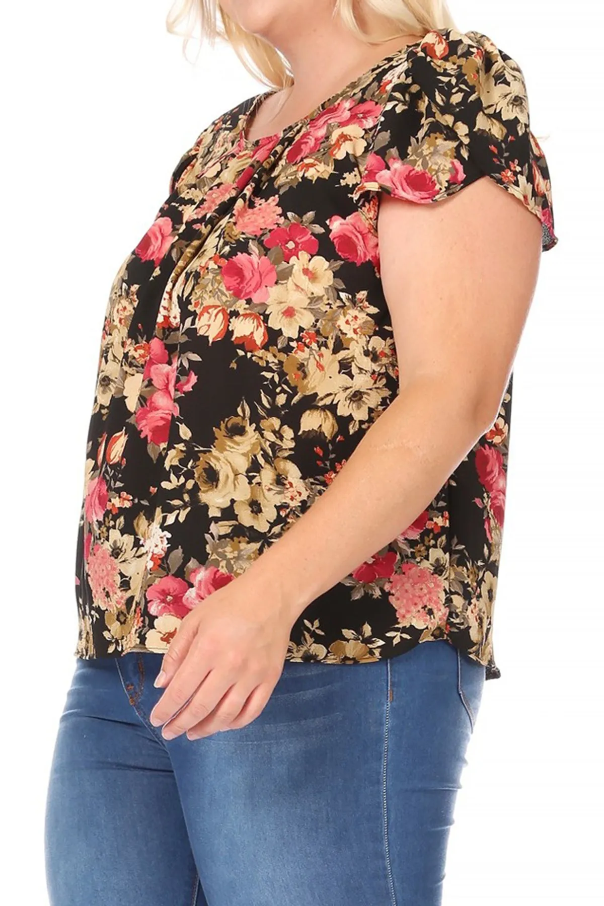 Women's Plus Size Casual Floral Pleated Front Petal Cap Sleeve Round Neck Tee Blouse Top