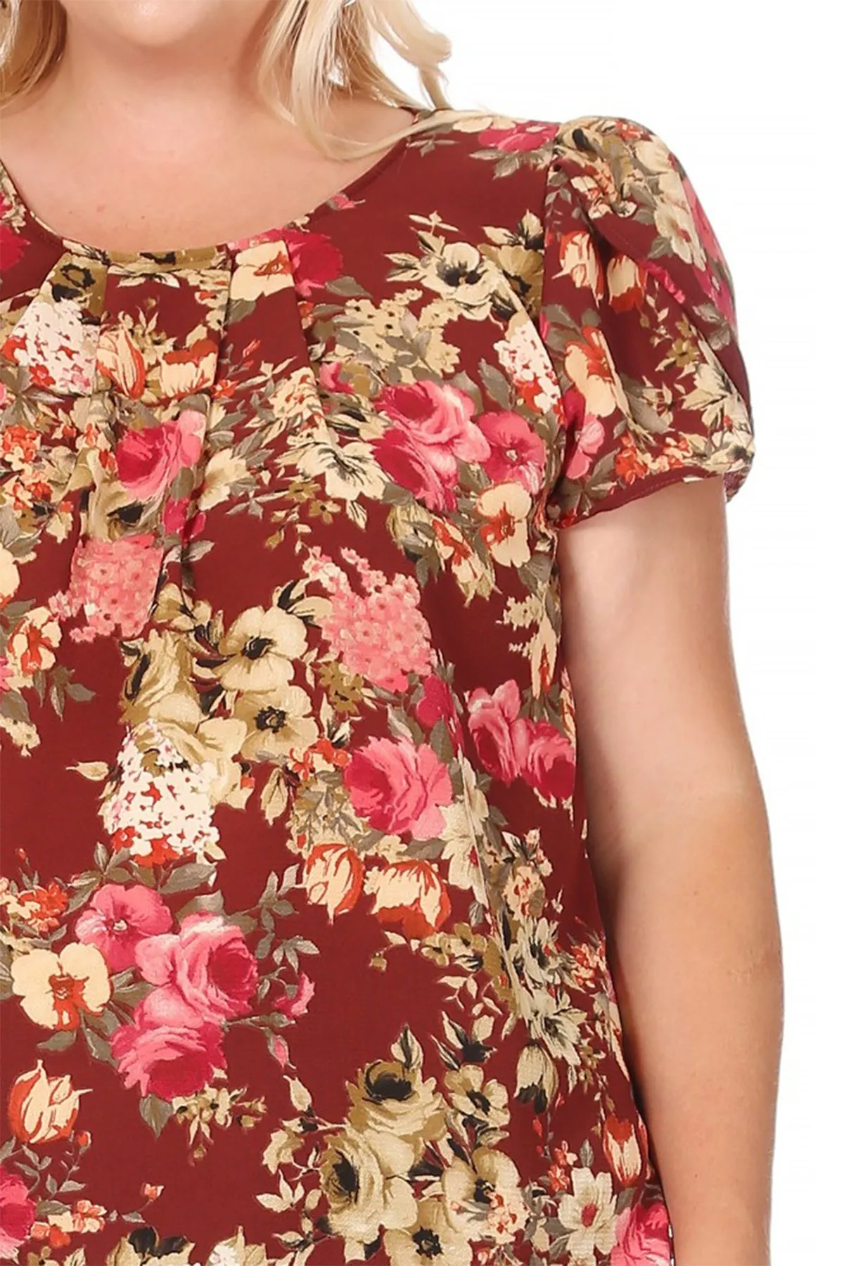 Women's Plus Size Casual Floral Pleated Front Petal Cap Sleeve Round Neck Tee Blouse Top
